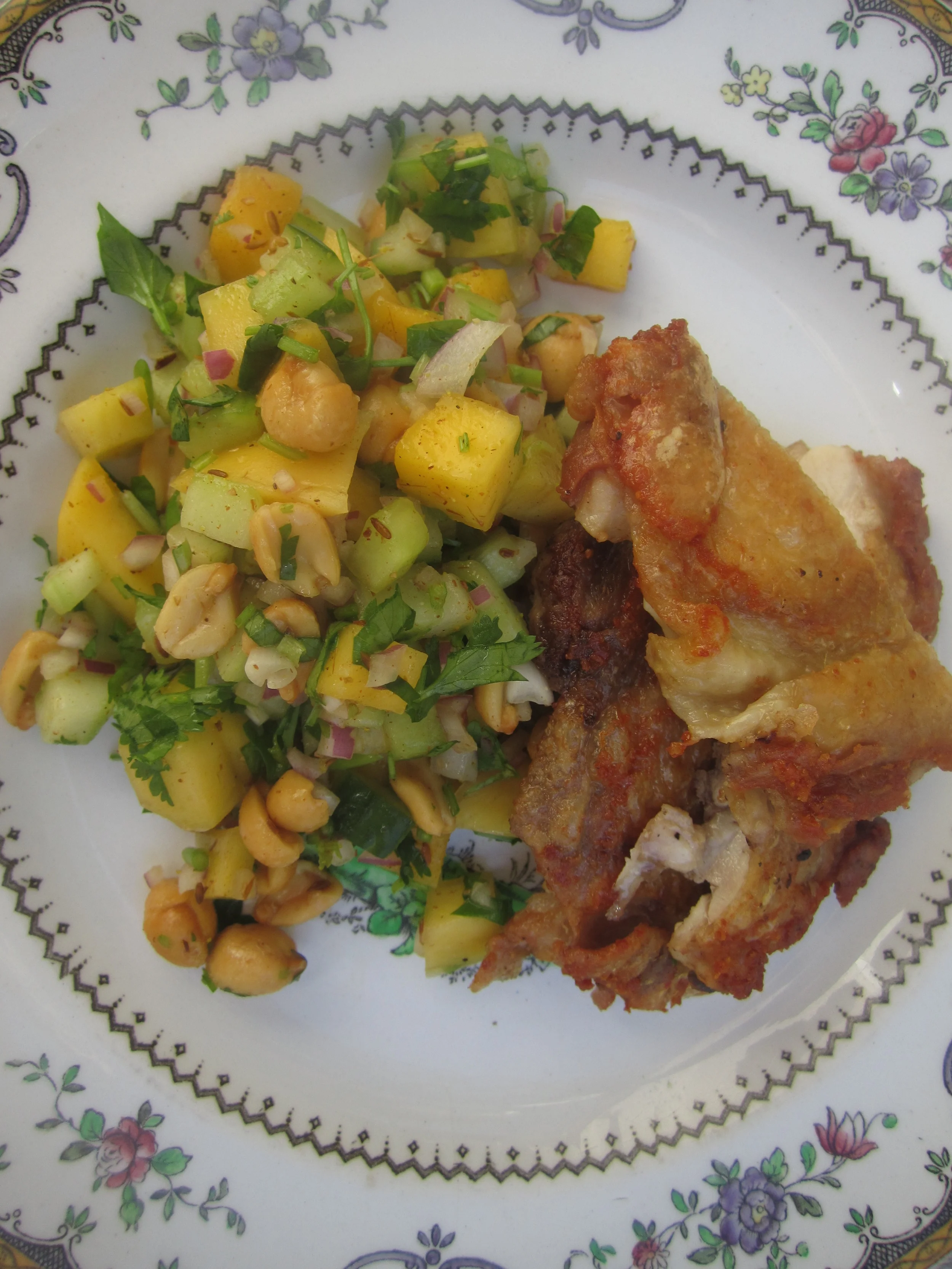 Peanut + Mango Masala Chaat with Brick Chicken