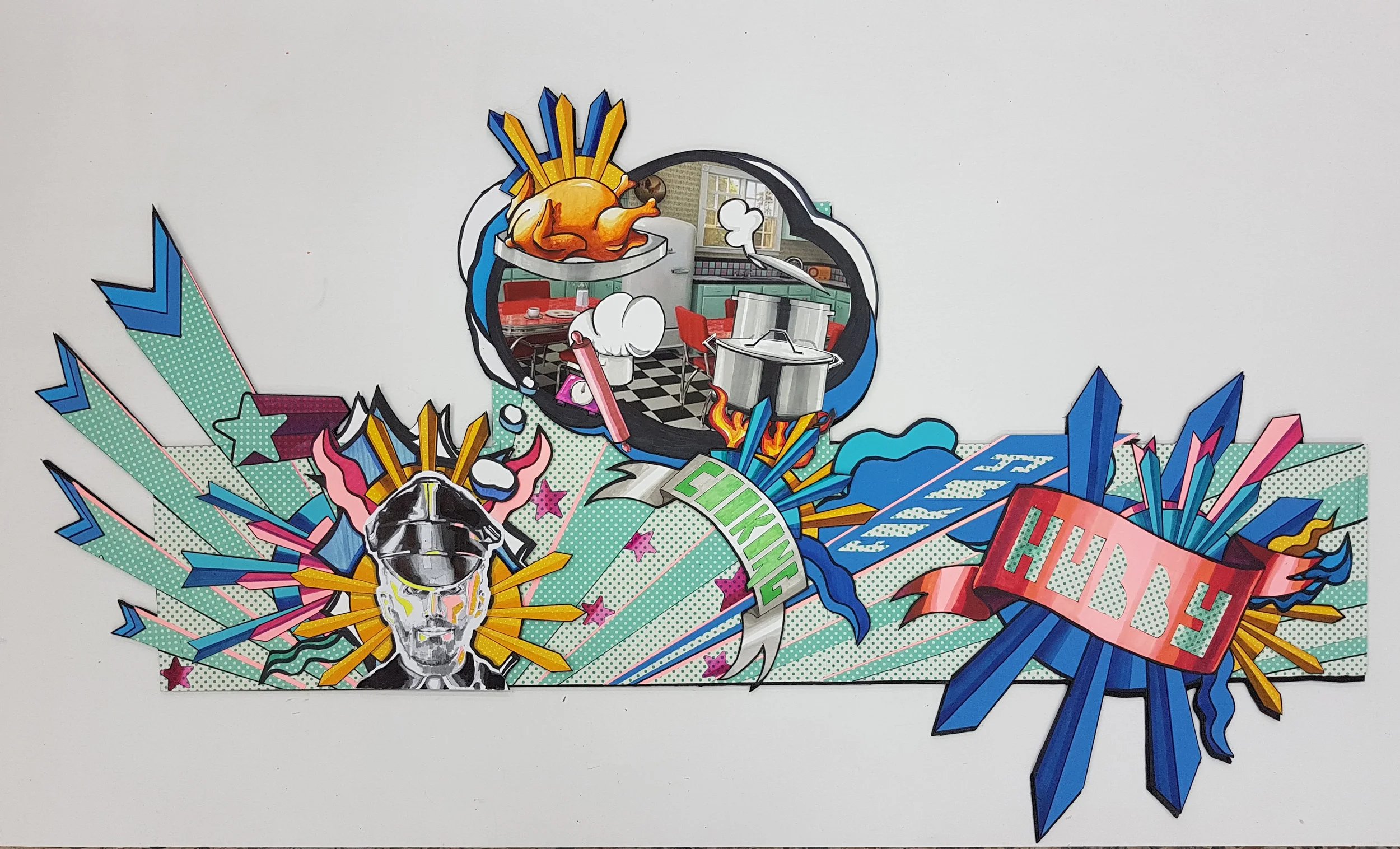 Cooking for my hubby Drawing and collage 66,5 x 116 cm 875 euros