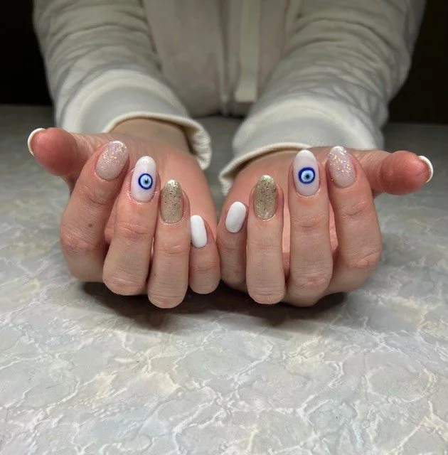 Almond natural nails with builder gel and nail art