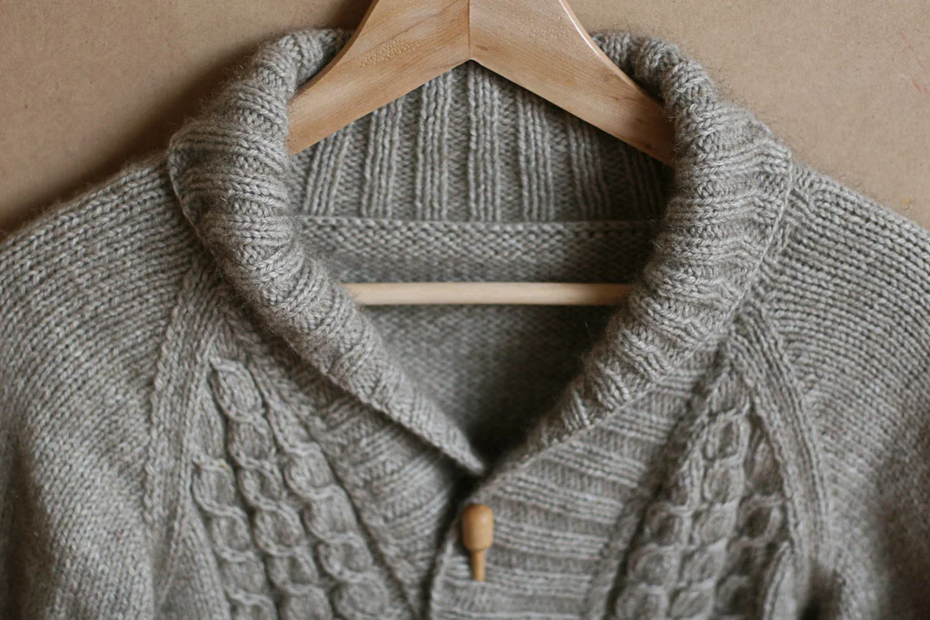 I don't wear shawl collared cardigans! Pattern is Forestry by Vogue knitting. Knitting by me. 