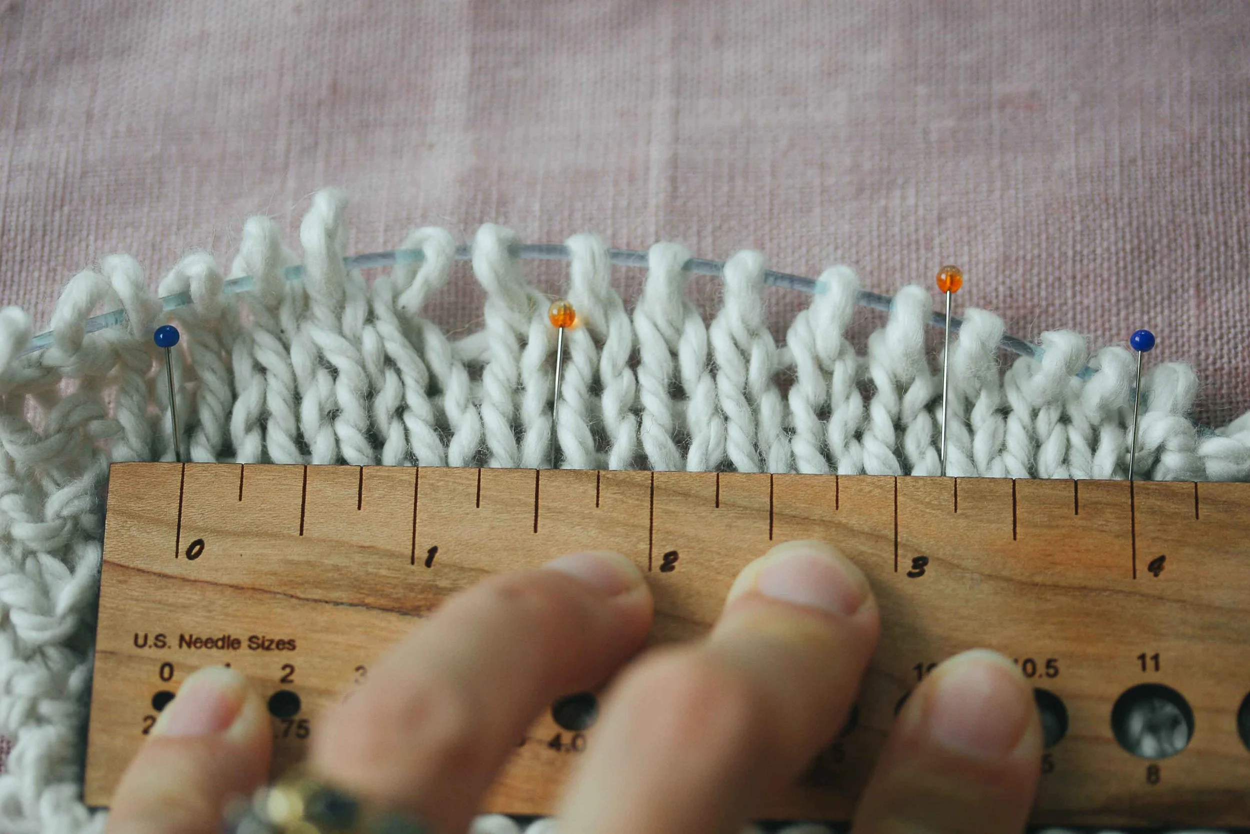 One final example. This large gauge knitting often is tricky because the yarn stretches so much. Make sure it is relaxed when you count. And don't do what I am doing in the picture and counting when it is on the needle....