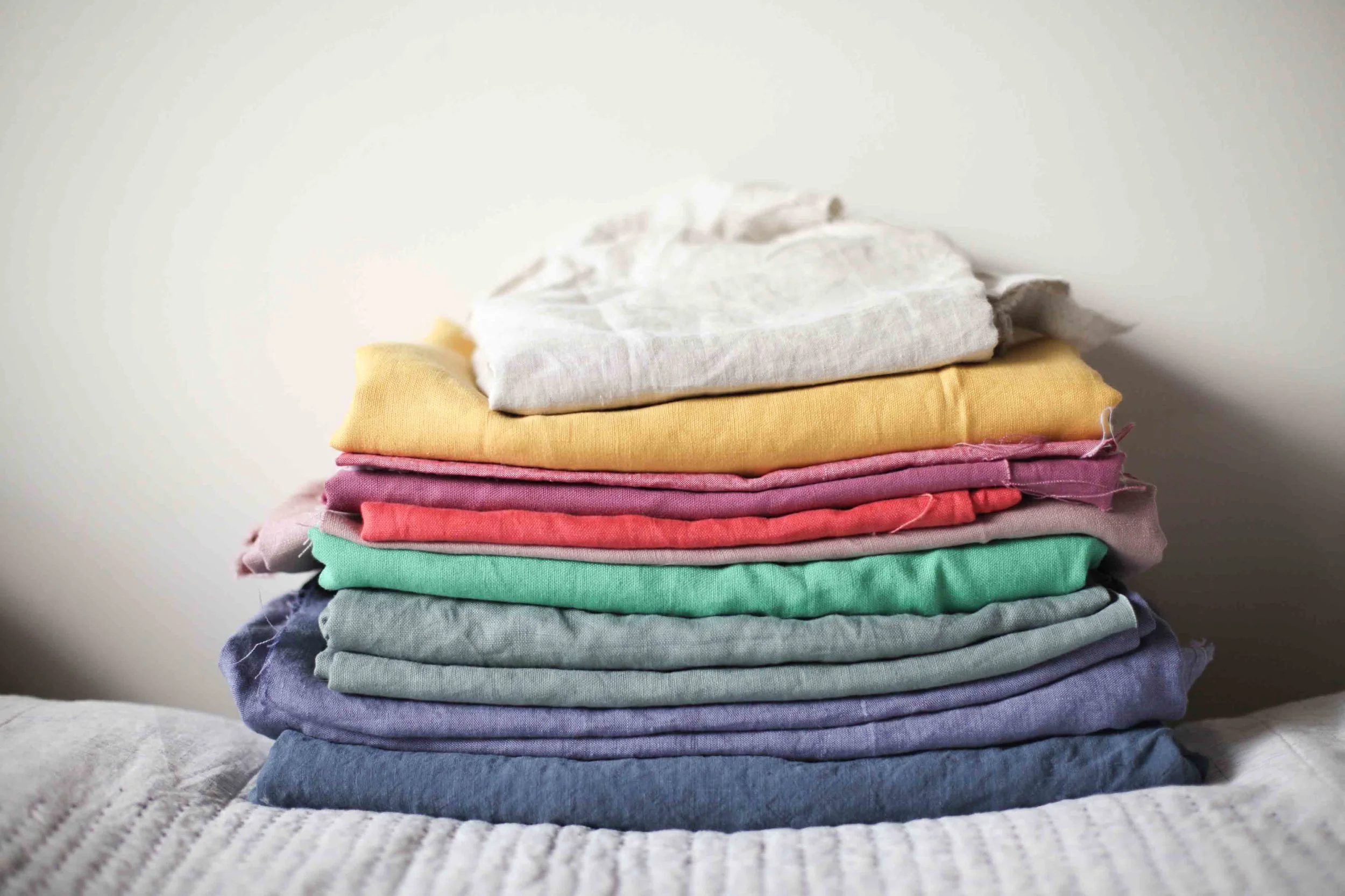 My stack of rainbow linen. Including 2m of yellow. I worked out that this stack alone is worth over $300. 