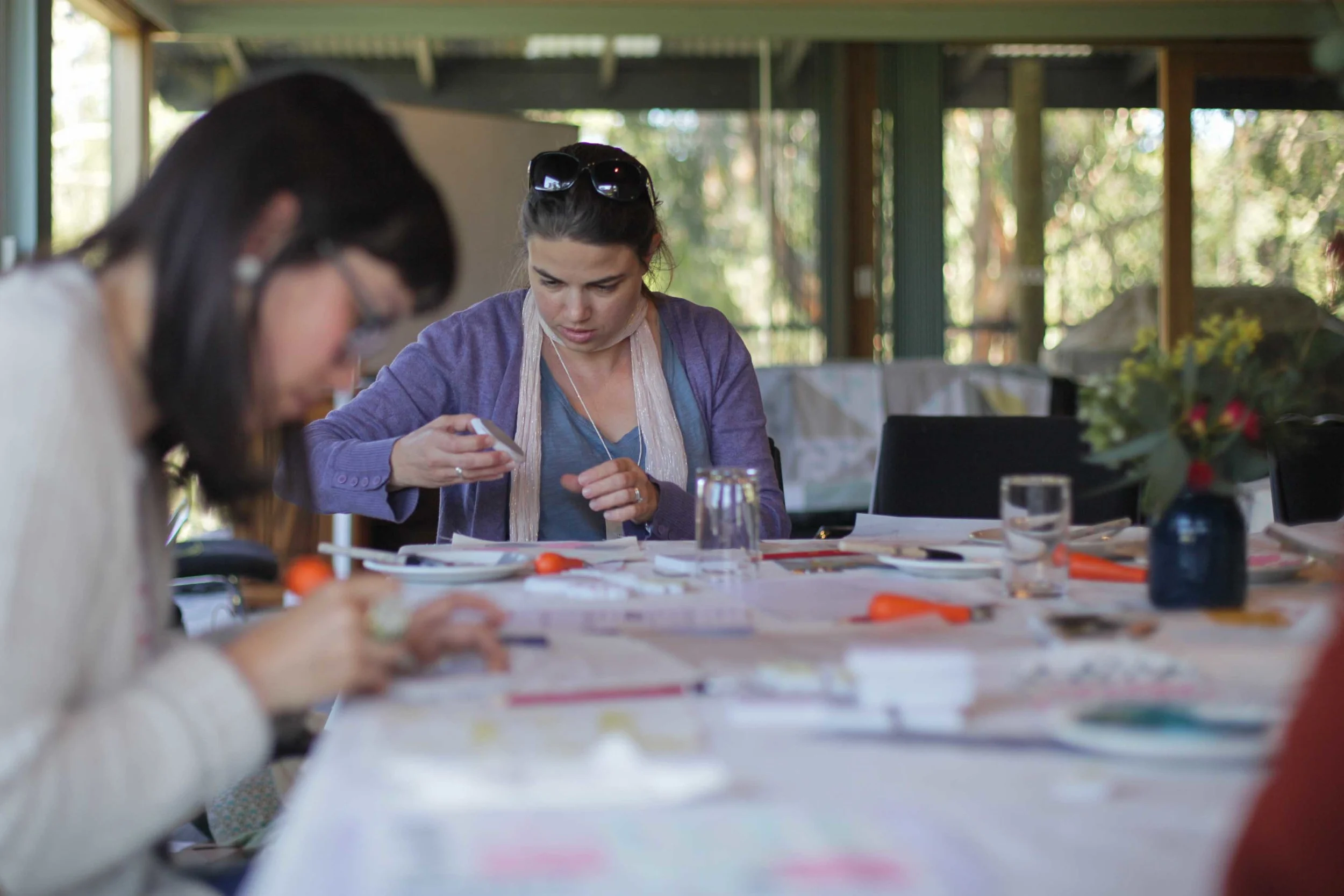 Rose in the block printing class with Leslie.