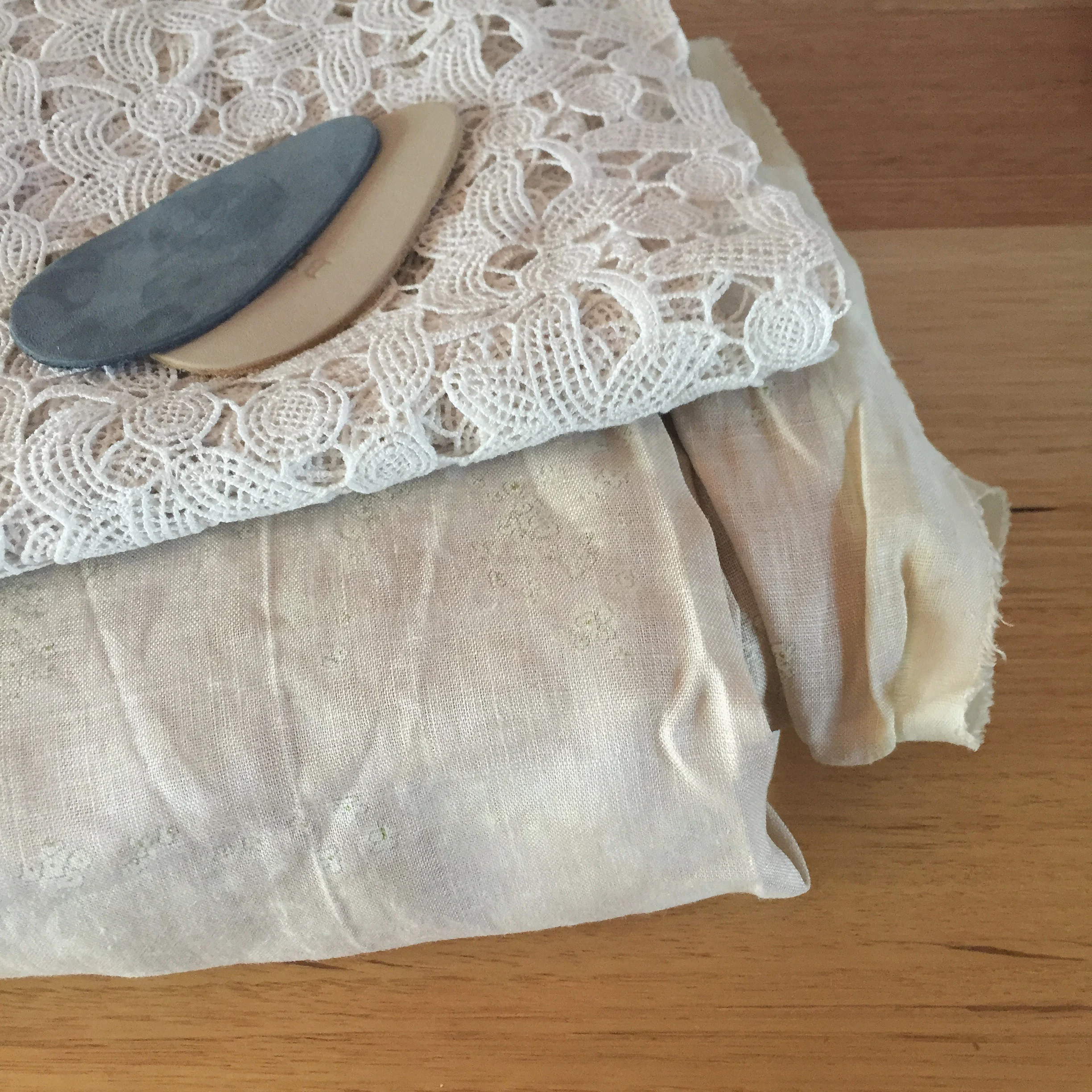 The lace is for my frock, the dirty pink flower is Nani Iro linen for the girl's frocks and the leather is shoe samples.