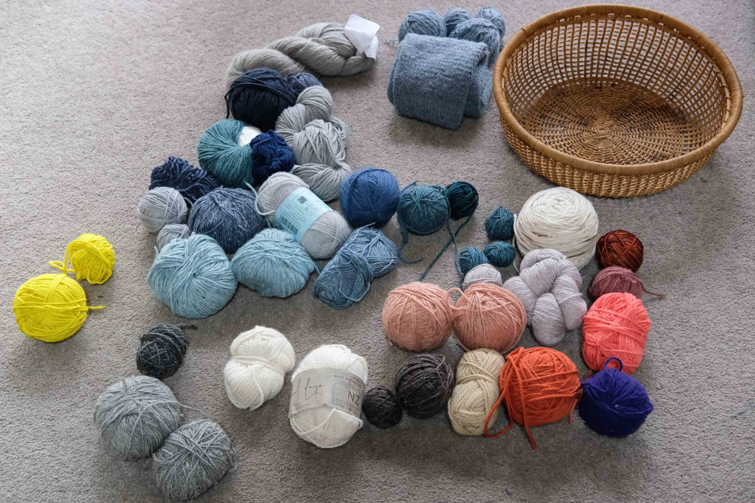 All my worsted and aran weight scraps - mainly they blend with a few weird outliers.