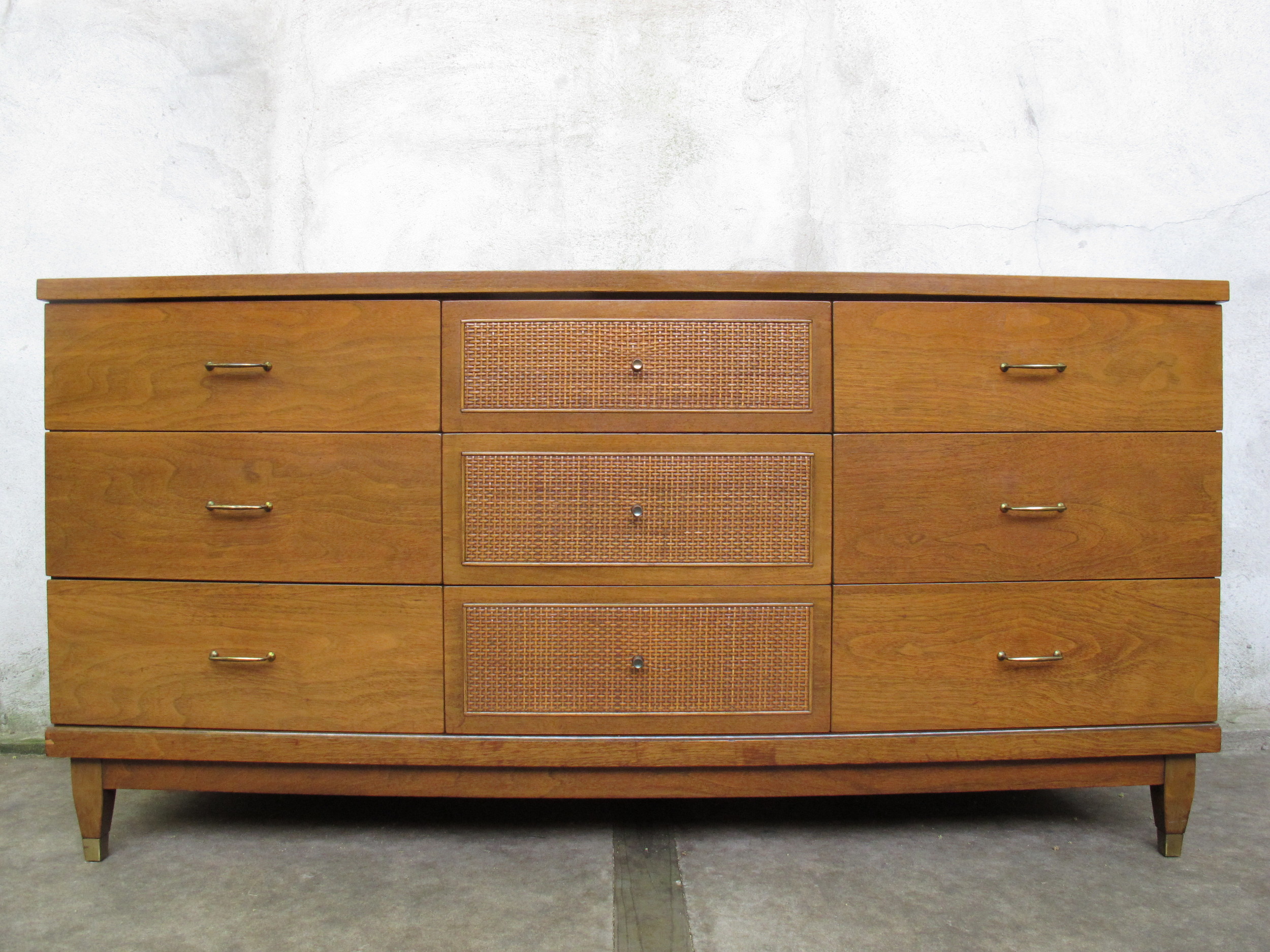 MID CENTURY WALNUT & CANE LONG DRESSER