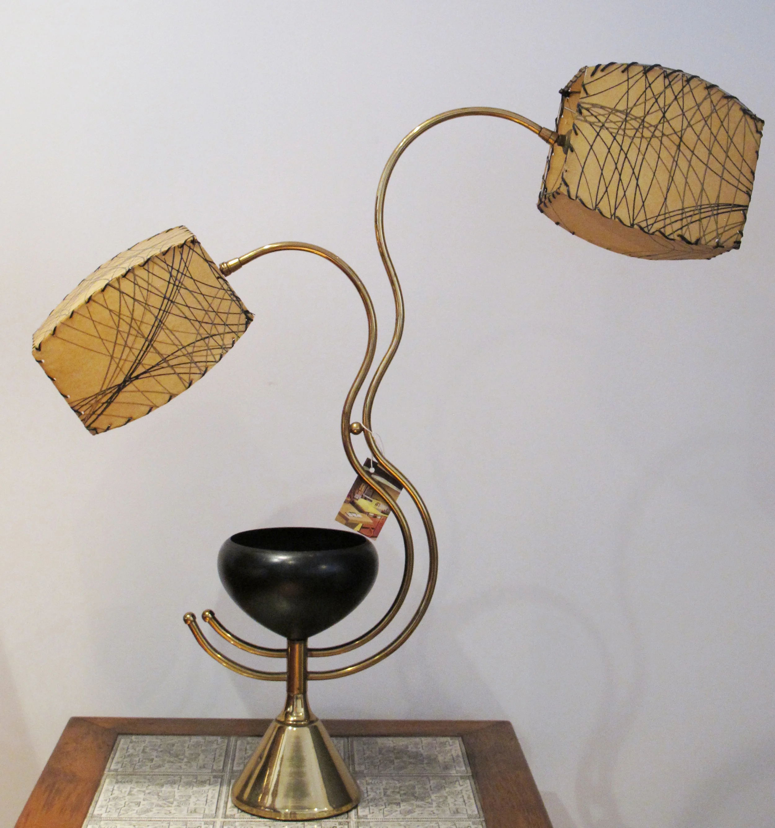 MID CENTURY BRASS TWO-STEM LAMP WITH FIBERGLASS SHADES & CENTER PLANTER
