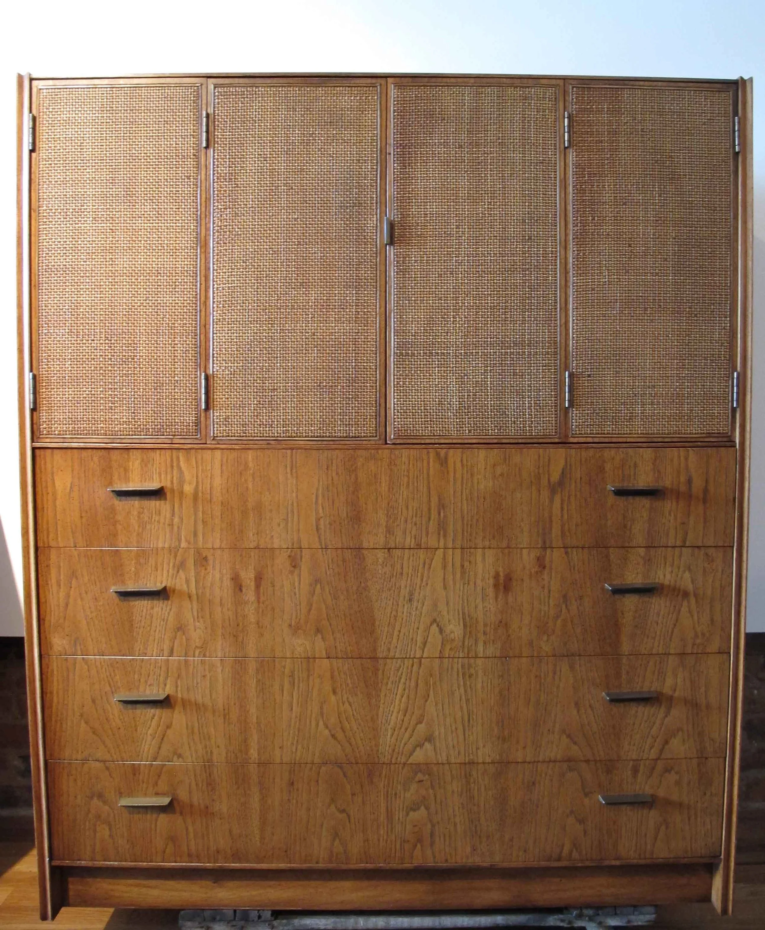 MID CENTURY CANE AND WALNUT TALL DRESSER BY FOUNDERS