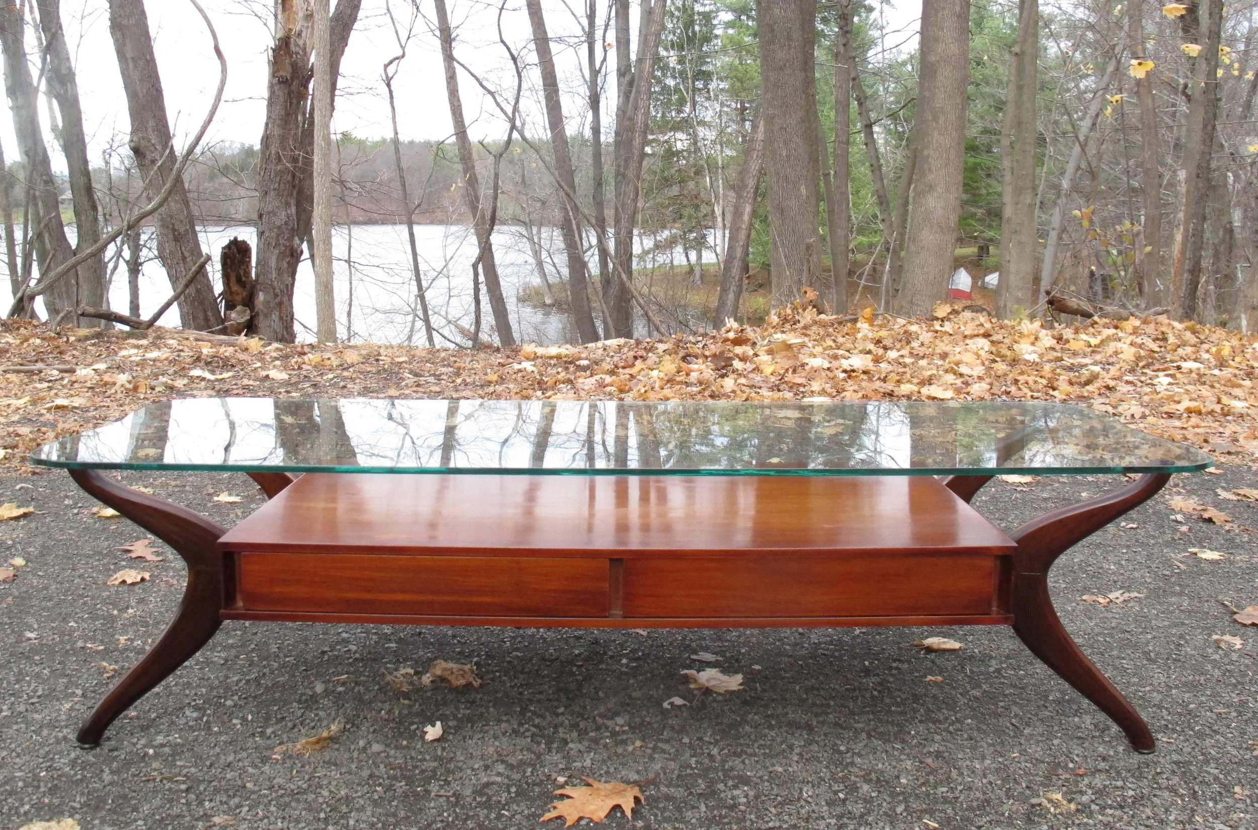 MID CENTURY KAGAN STYLE SCULPTED WOOD & GLASS COFFEE TABLE