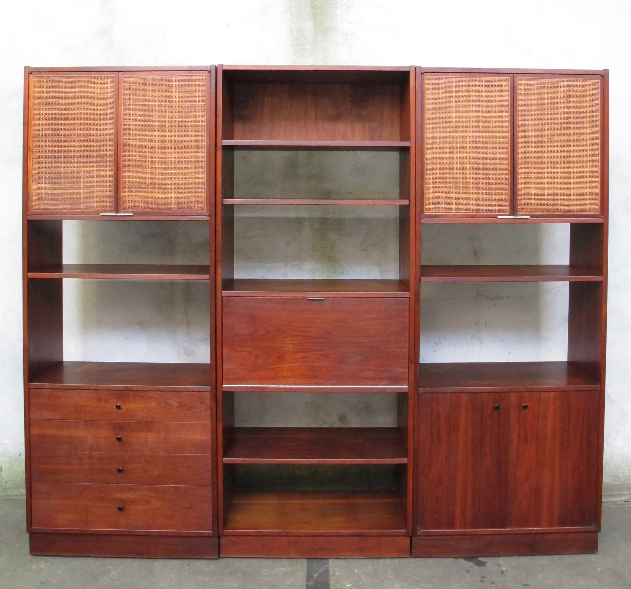 MID CENTURY WALNUT CANE MODULAR WALL UNIT BY FOUNDERS