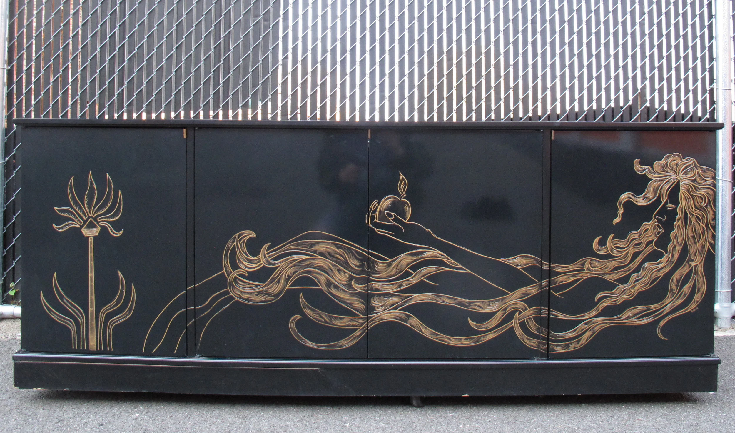 HOLLYWOOD REGENCY STYLE BLACK LACQUER CREDENZA BY HABERSHAM