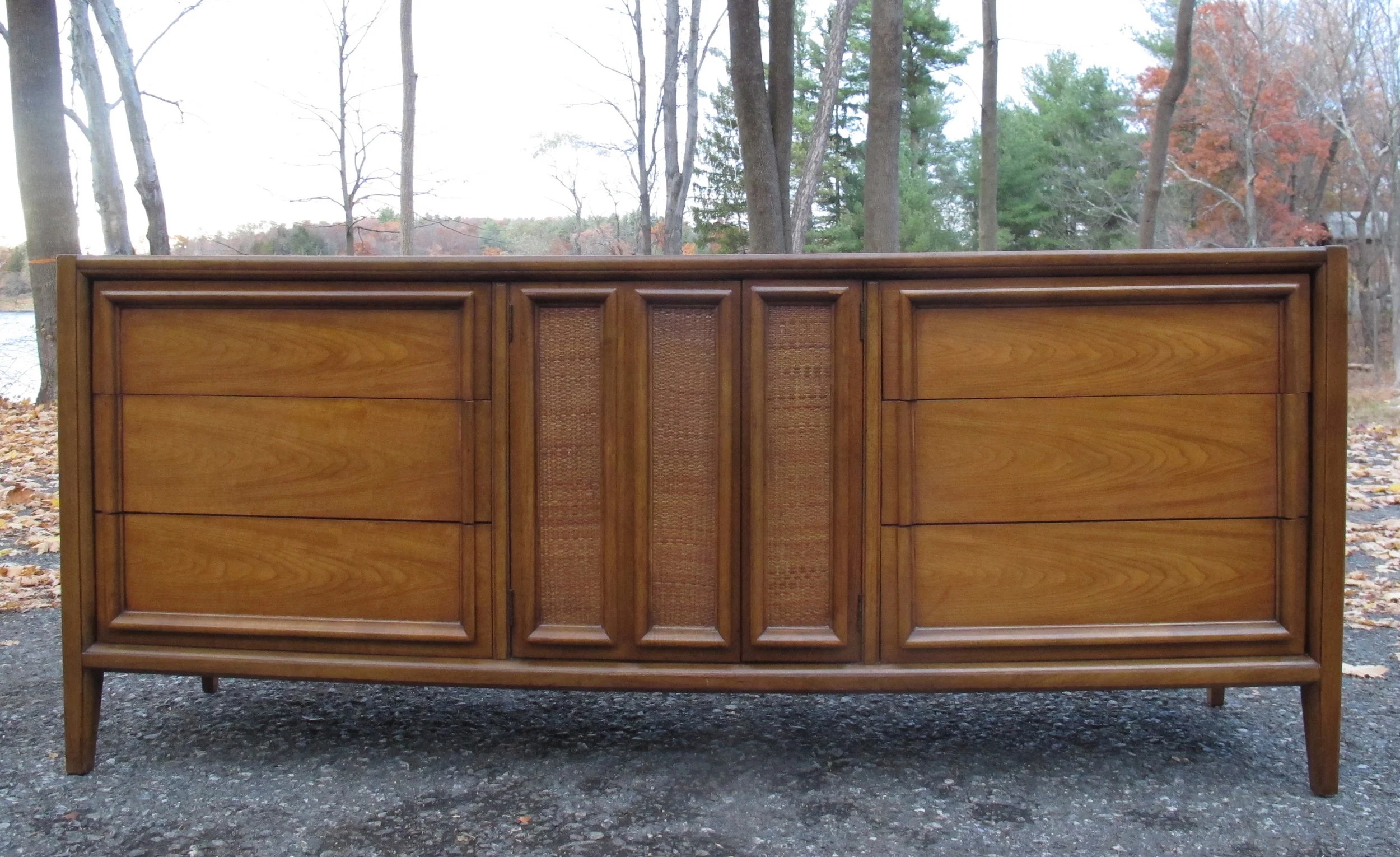 MID CENTURY WOOD & RATTAN LONG DRESSER