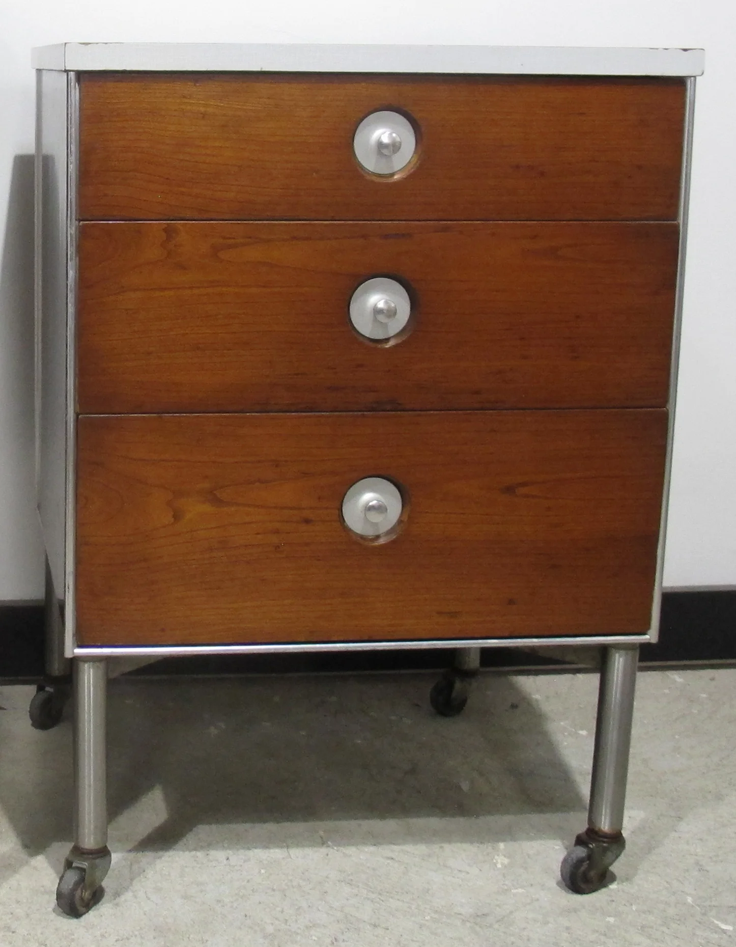RAYMOND LOEWY THREE DRAWER ROLLING CABINET BY HILL-ROM
