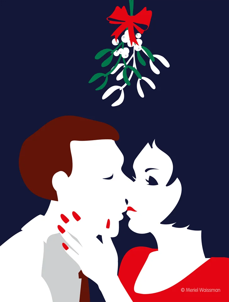 "Man and Woman Mistletoe Kiss" Stock Illustration