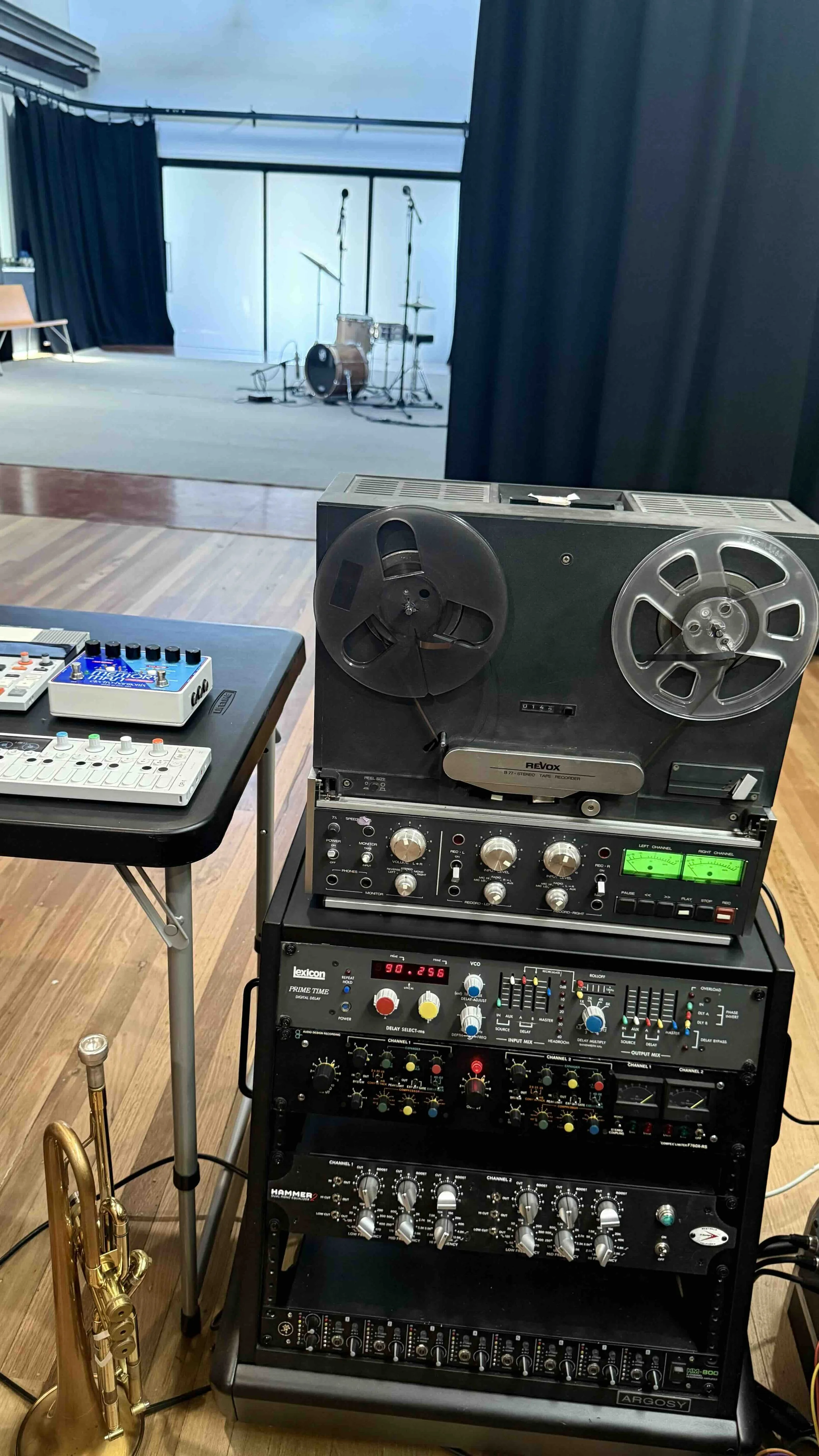 View from audio production 
space into large space