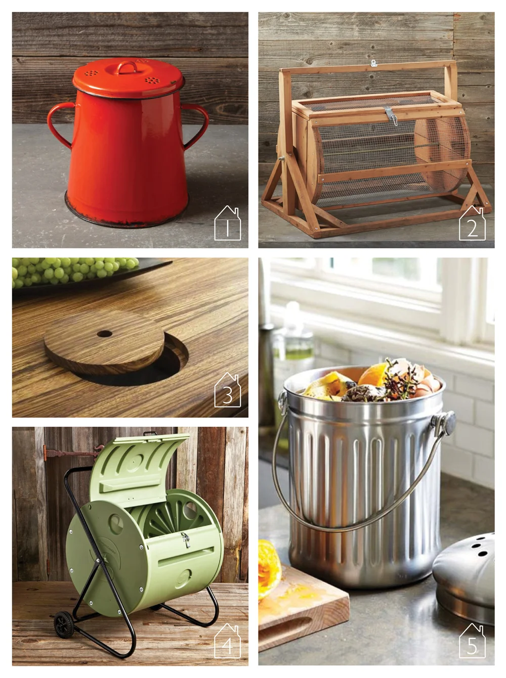 1. Vintage Enamel Compost Bin by Williams-Sonoma 2. Redwood Cylindrical Composter by Williams-Sonoma 3. An integrated countertop compost solution via Remodelista 4. Back Porch Compost Tumblr by Williams-Sonoma 5. Brushed Stainless-Steel Compost Pail by Williams-Sonoma