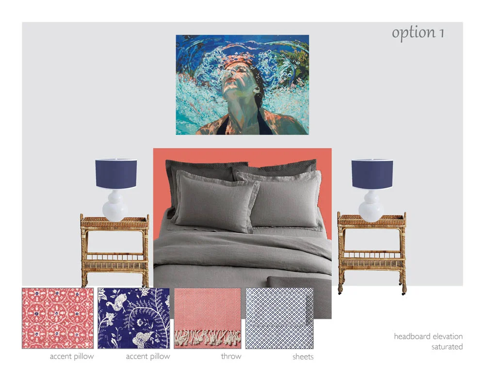 Painting by Samantha French , nightstands, sheets and throw by Serena and Lily , fabrics by Quadrille , bedding by Restoration Hardware , lamps unknown