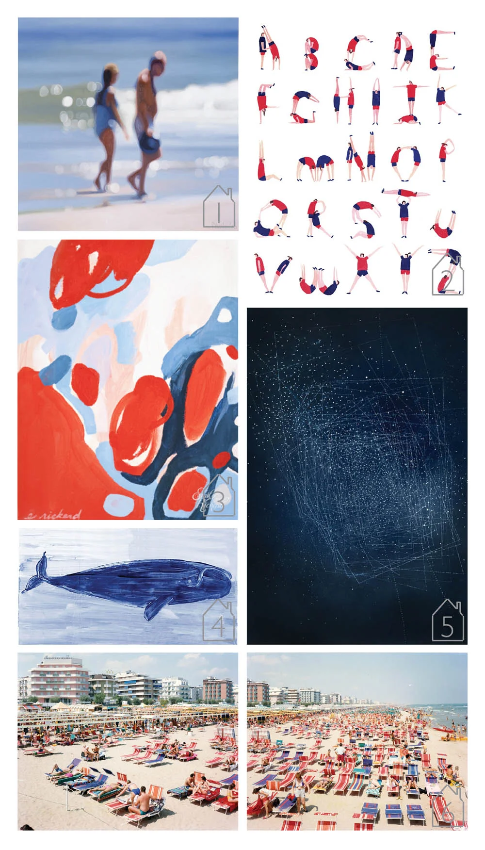1. Finale, 2008, oil on canvas, Philip Barlow image via Johns Borman 2. Illustrated Alphabet inspired by the London Olympics 2012, Charlotte Trounce 3. Color Study No.5, 2012, acrylic on canvas, Emily Rickard 4. Right, mixed media, Madeline and Robert Longstreet image via One Kings Lane 5. Emma McNally 6. Massimo Vitali