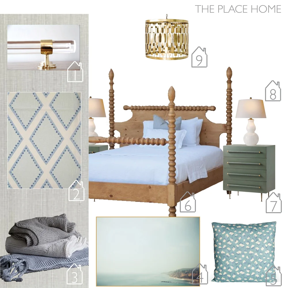 1. Lucite and brass drapery rod by LuxHoldUps via Etsy 2. Brookhaven Chambrey by Sarah Richardson Design for Kravet 3. Chunky tassel throws by West Elm 4. San Pedro photo by Kevin Russ via Society 6 5. Feline Lake/Slate by Kelly Wearstler for Groundworks 6. Gwendoline Spindle Bed by Bradshaw Kirchofer 7. Robsjohn-Gibbings inspired chest of four drawers by Chelsea Textiles Ltd. 8. Gourd bedside lamp designed by E.F. Chapman via Circa Lighting 9. Leona Gold Leaf Pendant by Worlds Away