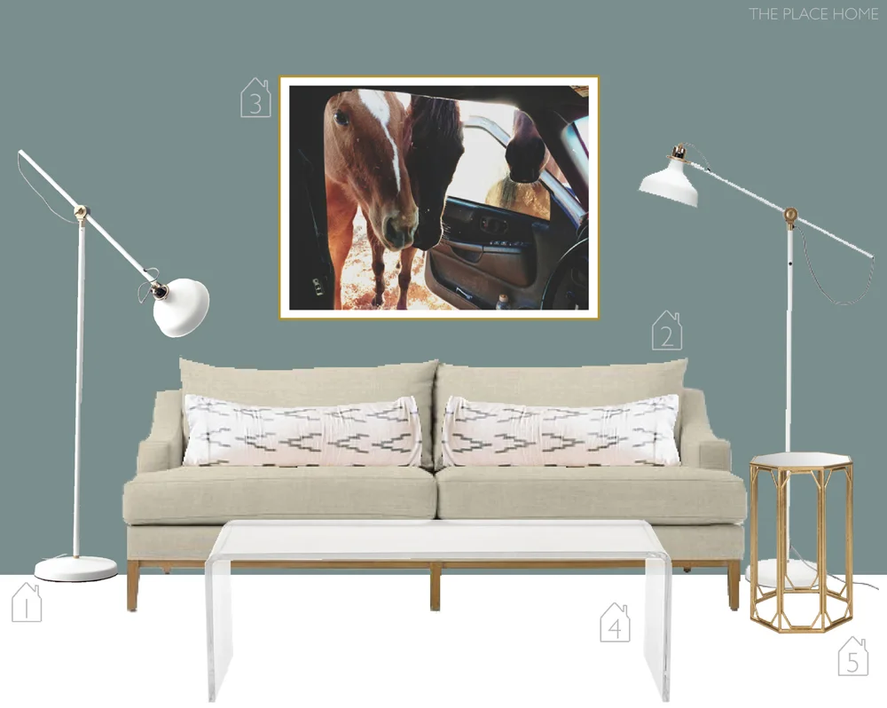 1. ranarp lamps from ikea 2. montgomery sofa from west elm 3. art from kevin russ 4. lucite table from CB2 5. side table from overstock 