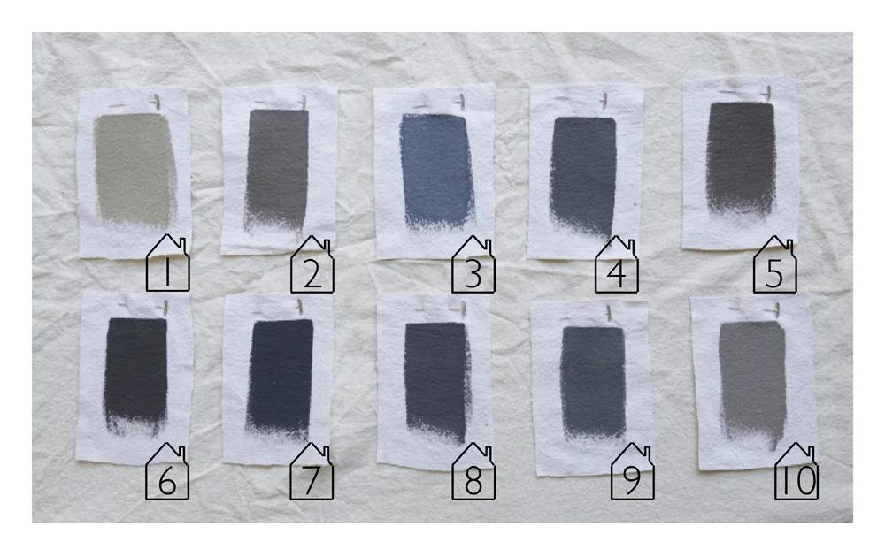 REMODELISTA: Shades of Gray - Architects' Top Ten Paint Picks 1. Benjamin Moore - Sag Harbor Gray 2. ICI - Grey Hearth 3. Dunn-Edwards - Vulcan 4. Benjamin Moore - Graphite 5. Benjamin Moore - Bear Creek 6. Benjamin Moore - Iron Mountain 7. Benjamin Moore - Gravel Grey 8. Sherwin Williams - Peppercorn 9. Farrow & Ball - Down Pipe 10. Benjamin Moore - Greystone