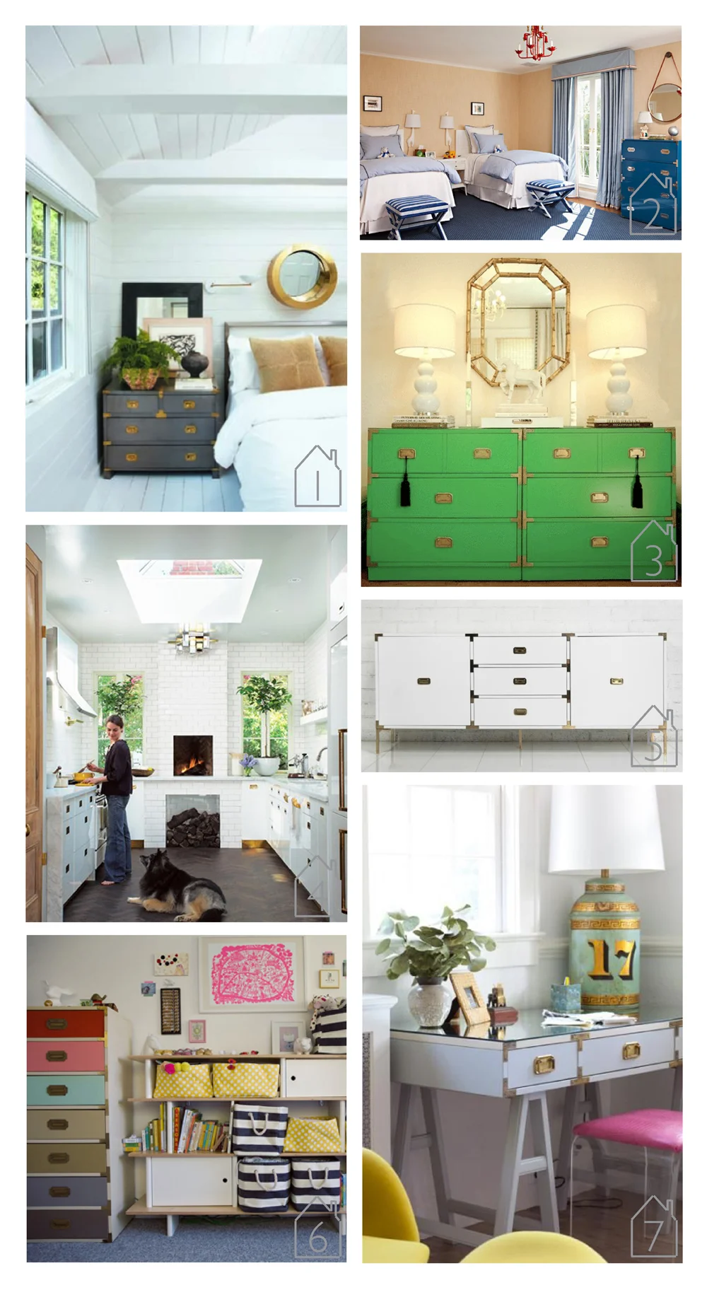 1. Campaign chest via Cottages & Gardens photo by Peter Murdock 2. Campaign dresser by Elizabeth Dinkel Design Associates, Inc. photo by Karyn Millet 3. green Campaign chests via Lonny 4. via Canadian House & Home designed by Sasha Seymour photo by Michael Graydon 5. jet setter credenza by ModShop 6. nursery Campaign dresser by 7. Campaign desk via At Home in Fairfield County design by Lara Spencer