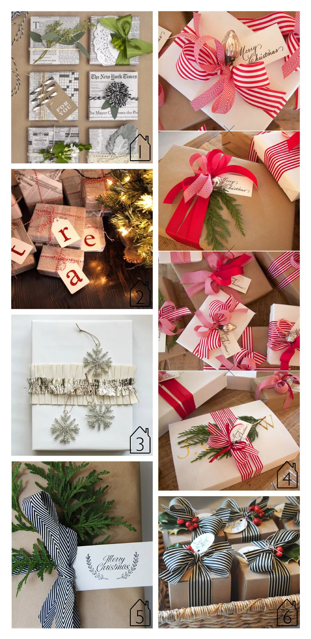 1. newsprint wrapping source unknown 2. newsprint wrapping source unknown 3. snowflake wrapping via Martha Stewar 4. kraft paper and red ribbon via H2 Design 5. kraft with black and white via The Penny Paper Co. 6. holly wrapping via Nine + Sixteen
