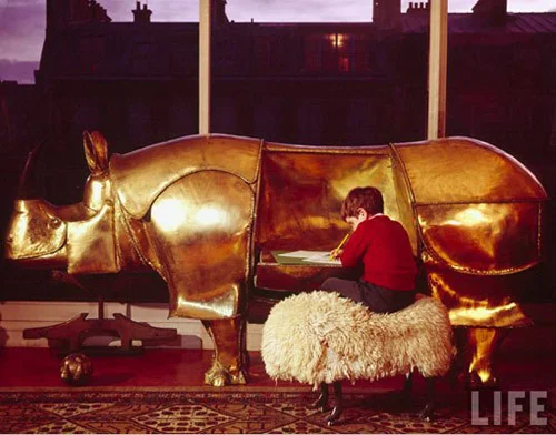 Lalanne sheep stool and Rhinocretaire desk via Apartment Therapy