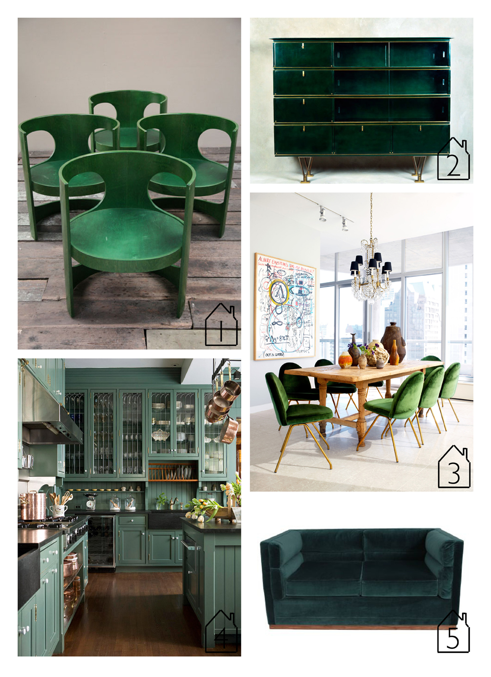 1. Arne Jacobsen's 'pre pop' dining chairs via Cream & Chrome 2. Dresser designed by Leleu May via Maison Gard 3. Interior by 4. Kitchen featured in Better Homes & Gardens 5. Berlin 2 sofa by Organic Modernism