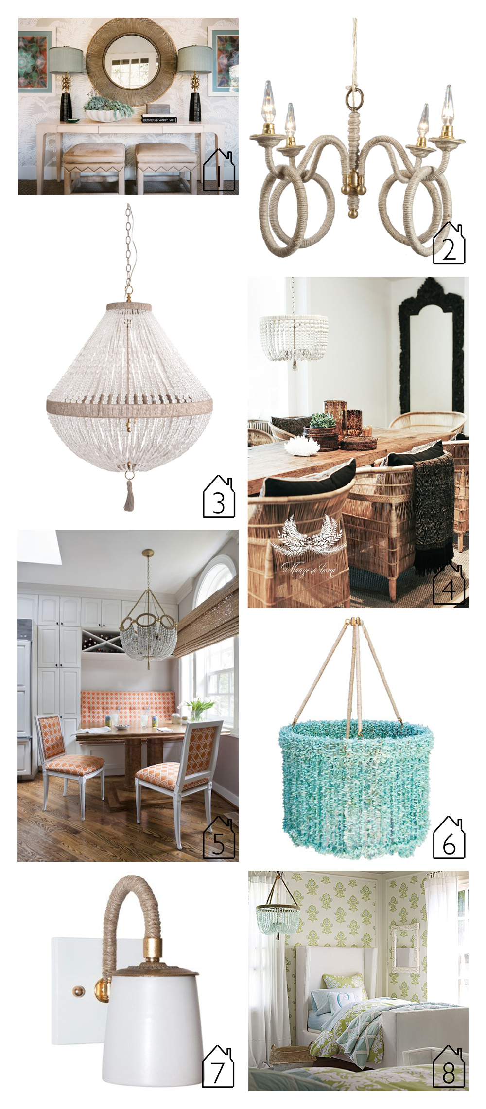 1. Ananas lamp via Hillary Thomas Interiors 2. Sophia IV via Ro Sham Beaux 3. Orbit via Ro Sham Beaux 4. Malibu vi Manyara Home 5. Fiona via Roxanne Lumme Interiors 6. Lily via Scenario Home 7. Katy wall sconce via Layla Grayce 8. Seychelles via Serena and Lily
