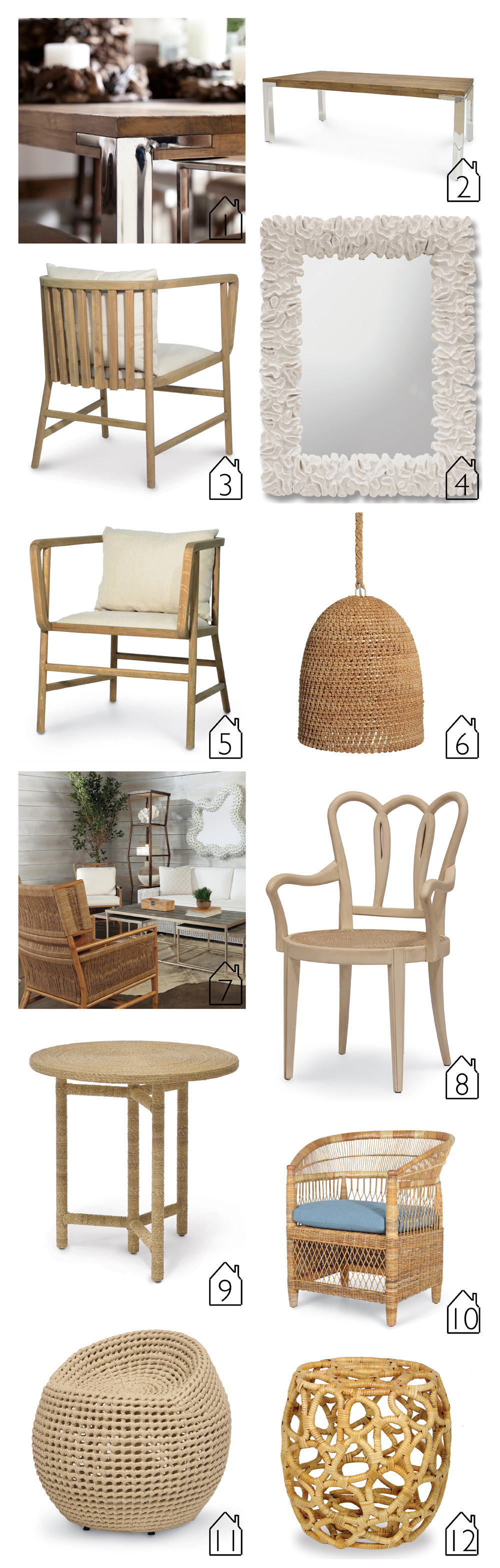 1. Brighton Collection 2. Brighton Collection 3. Dwight Occasional Chair back 4. The Broach Coral Mirror 5. Dwight Occasional Chair front 6. Green Oaks Pendant 7. Owen Chair 8. Leeds Arm Chair 9. Monarch Side Table 10. Malawi Chair 11. Manhattan Ivory Swivel Stool 12. Ella Stool