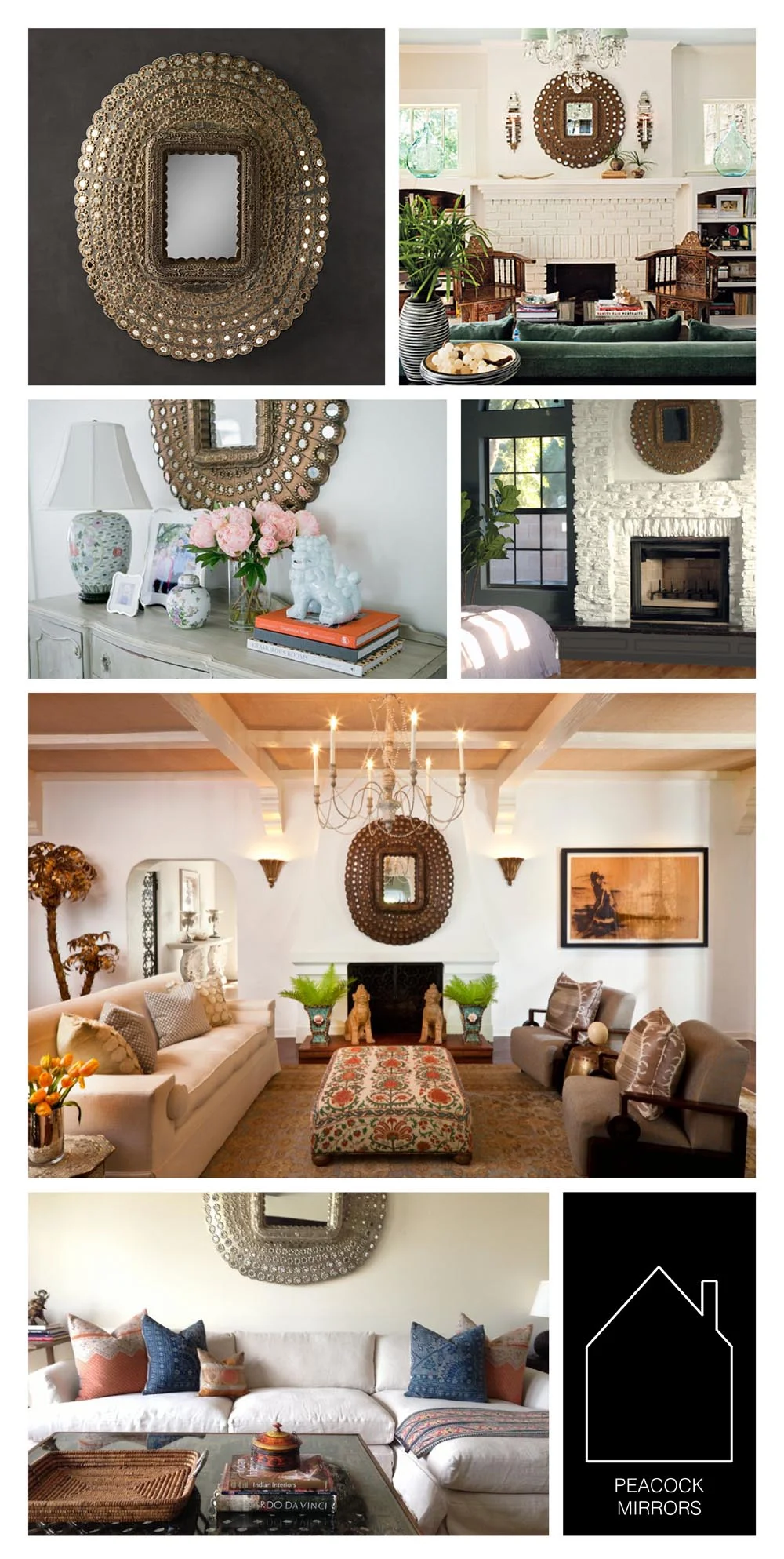 from top left - peacock mirror by Restoration Hardware - via Southern Living - via The Pursuit of Style - via The Little Green Notebook - design by Hillary Thomas - design by Amber Interiors