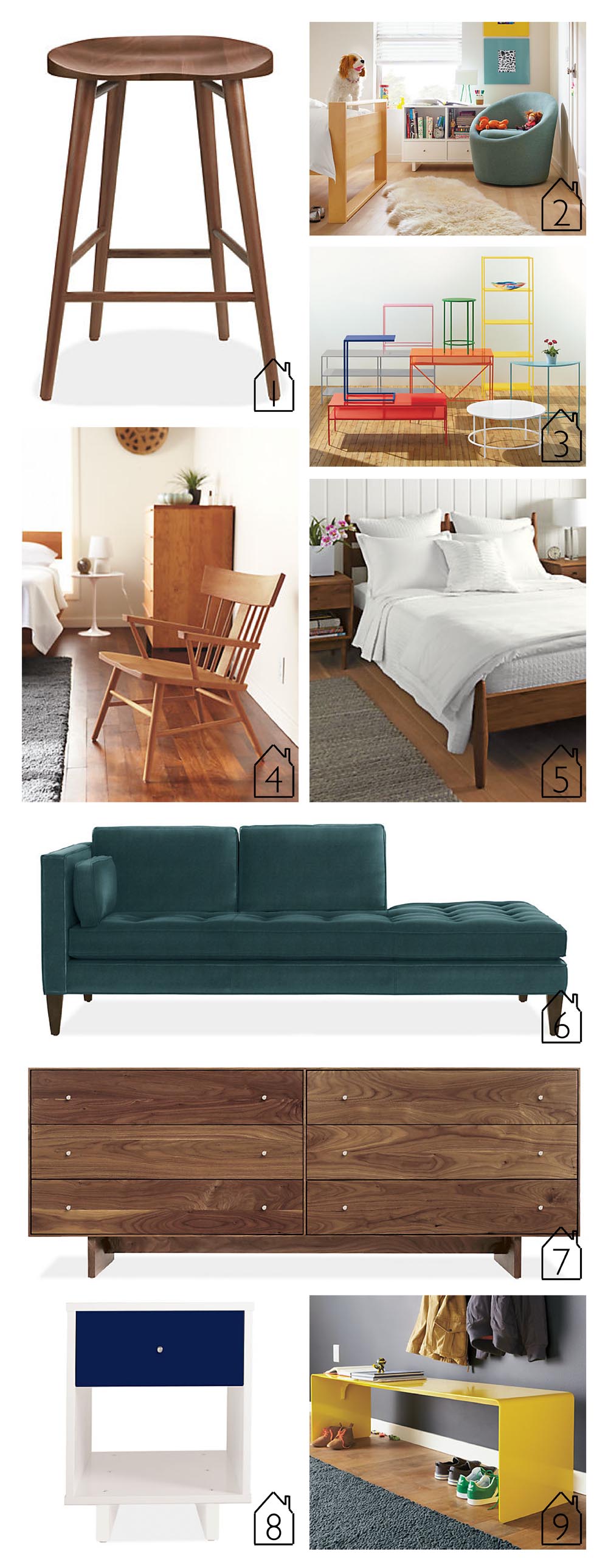 1. Bay Counter and Bar Stools 2. Celeste Swivel Chair 3. Slim Tables 4. Sandberg Chair 5. Grove Bed 6. Hutton Sofa 7. Hudson Dresser 8. Moda Nightstand 9. Cooper Bench