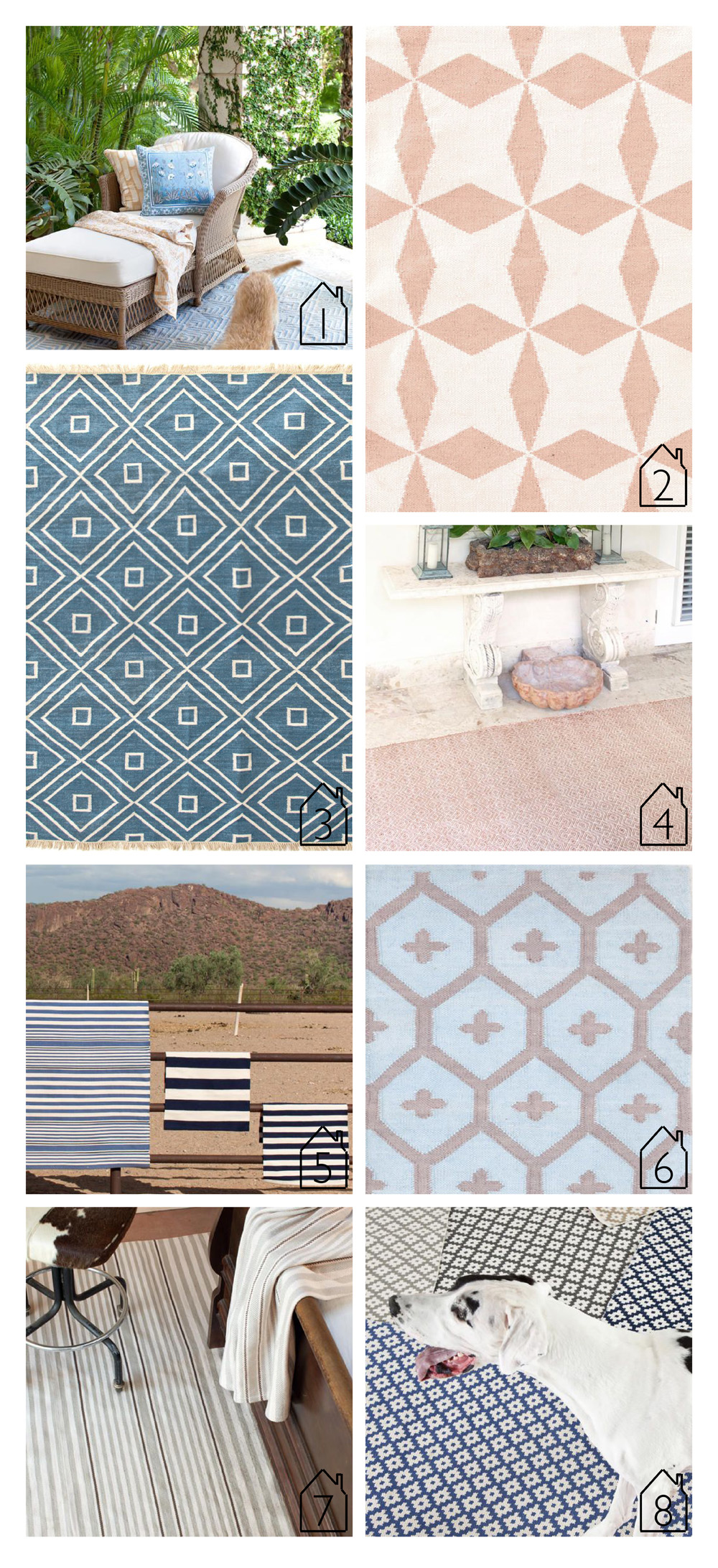 1. Cleo Blue 2. Lucy Pink 3. Mali Indigo 4. Annabelle Copper 5. Trimaran Stripe 6. Elizabeth Blue 7. Rugby Stripe Platinum 8. Samode