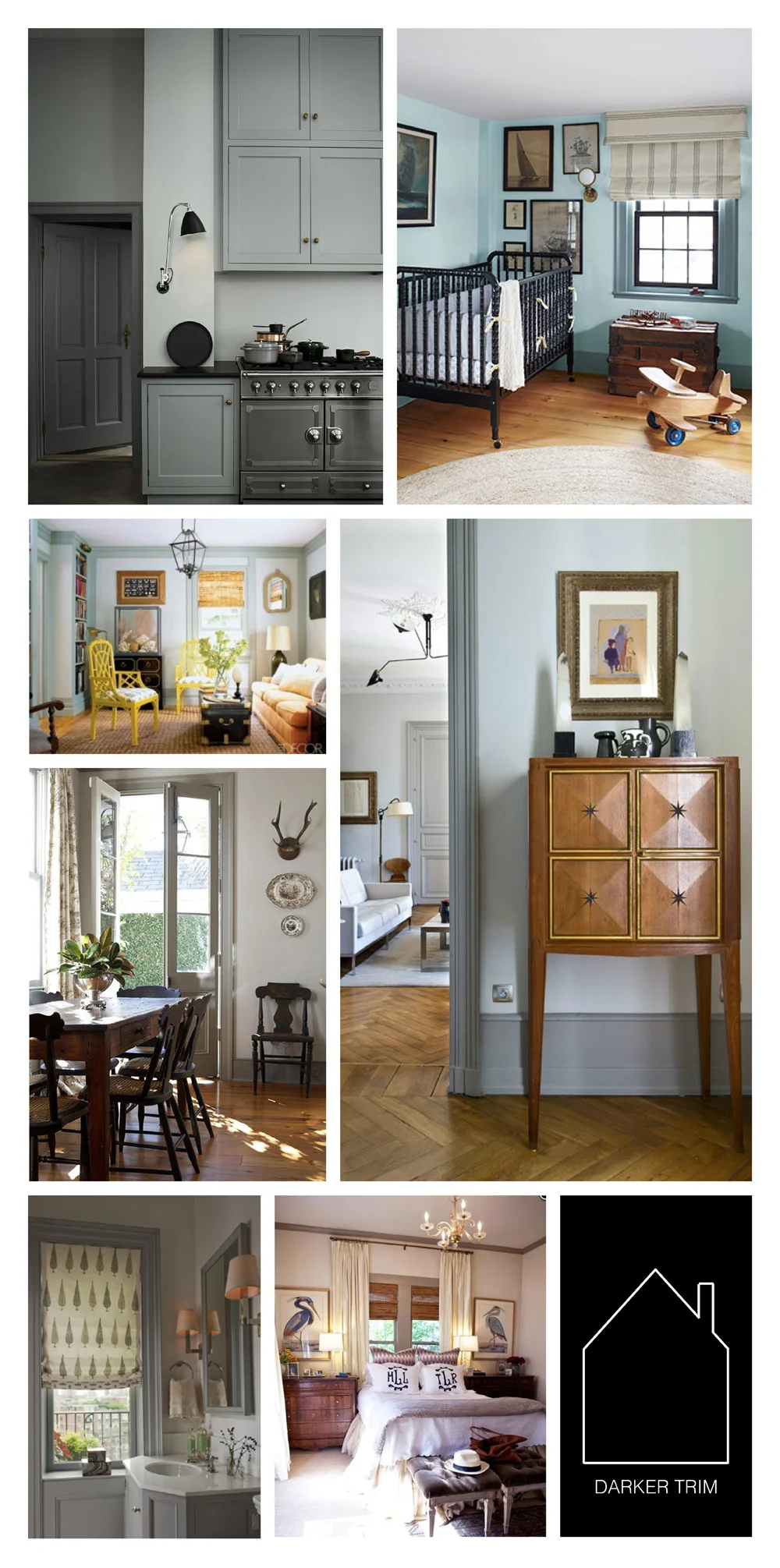 from top left - kitchen design source unknown - nursery by Amy Meier Design and Abby Cahill O'Brien via Country Living - den design via Elle Decor - photo by Germain Suignard via Adorable Home - kitchen design source unknown - bathroom by Laura Stern Design - bedroom design source unknown