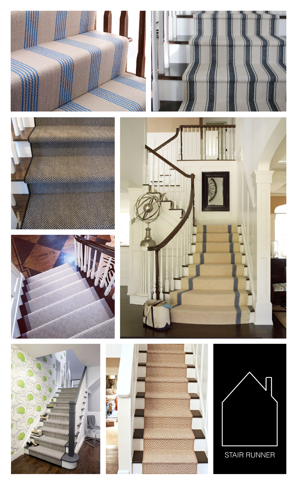 from top left - Kathmandu runner by Blenheim Carpets - Dash & Albert runner via Charming Doodle - herringbone runner via Cute Decor - bordered runner by Roughan Interior Design - geometric runner via Zhush - striped runner via source unknown - Dash & Albert runner via Home DIY Concepts