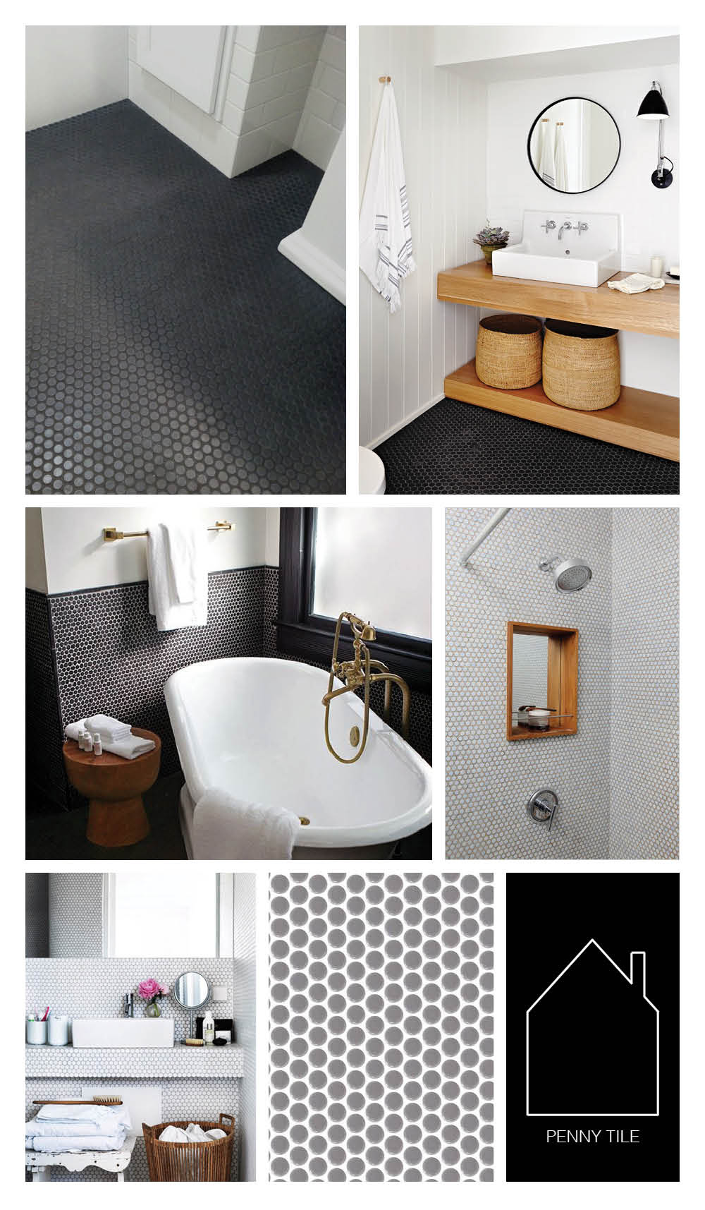 from top left - bathroom of Steve Carbin via REMODELISTA - Suzanne Dimma's bathroom via House & Home - Hotel Saint Cecilia via REMODELISTA - home of Todd and Marlene Capron via NY Times - source unknown - retro grounds engine gray by Daltile