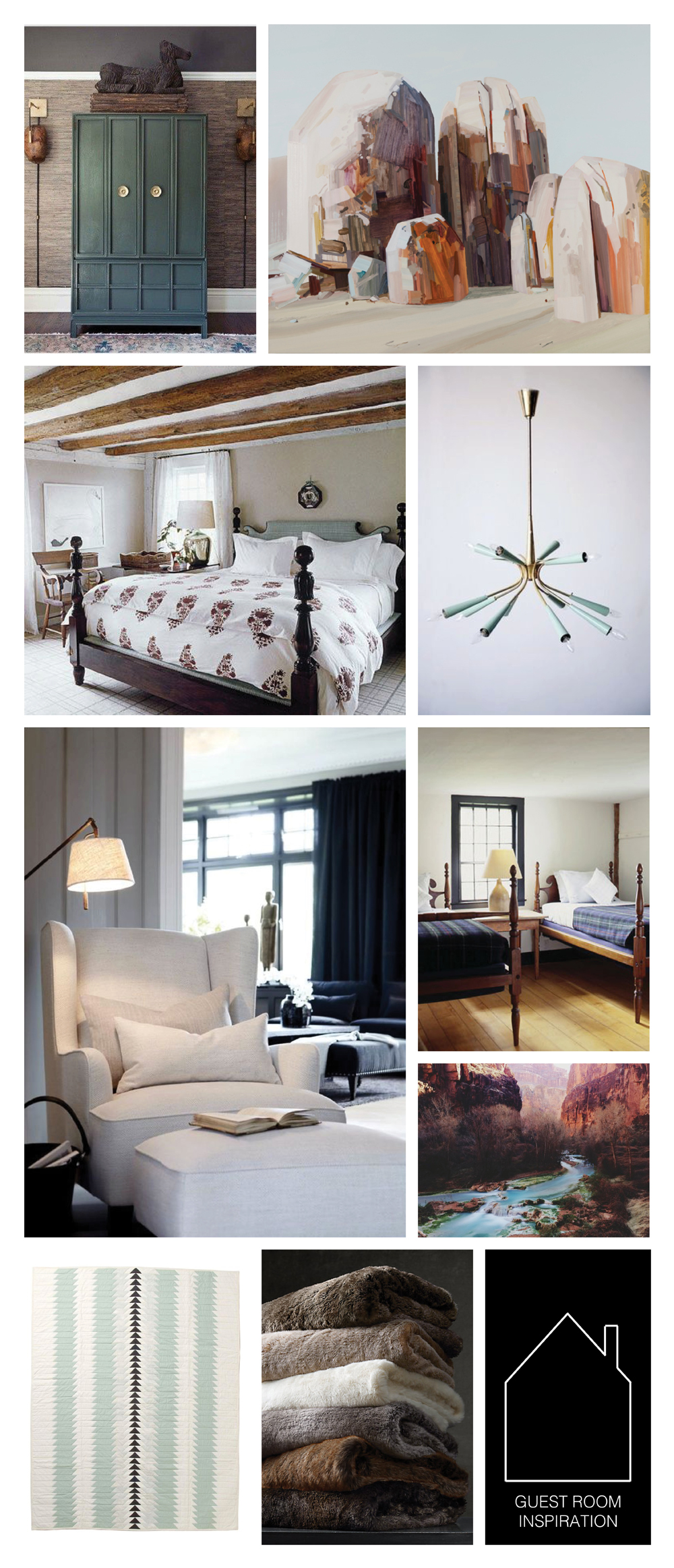 from top left - armoire source unknown - Boulder, 2012, 78" x 90", Claire Sherman - bedroom by Tom Scheerer - chandelier source unknown - reading chair source unknown - twin beds source unknown - Havasu Canyon Creek by Kevin Russ via Society 6 - Harrow Quilt by Meg Callahan - luxe faux fur throws by Restoration Hardware