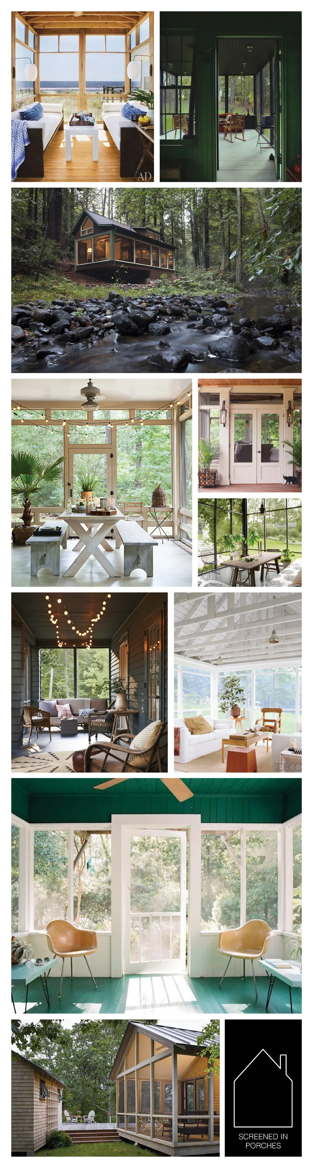 from top left - via Architectural Digest - via REMODELISTA - photo by Amy A. Alper via Off Grid World - via Country Living - double porch in Nashville via Houzz - Susan Hable Smith's Georgian home via Elle Decor - design by Country Living via Jersey Ice Cream Co. - via Elle Decor