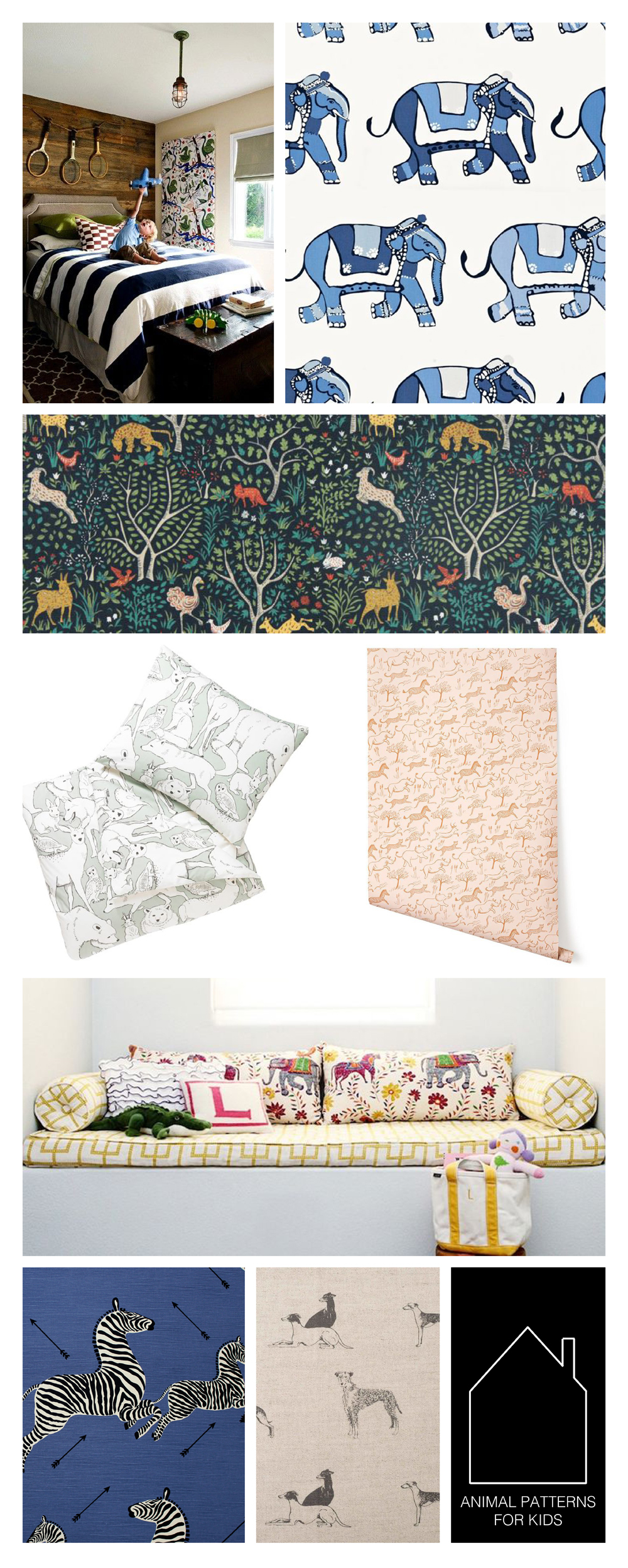 from top left - fabric by Josef Frank, room design source unknown - Parade by Schumacher - Folkland by Dwell Studio for Robert Allen - Celadon Wildwood by Dwell Studio - Safari (blush) by Hygge & West - home of Erika Brechtel mahout pattern by John Robshaw for Duralee - Zebras by Scalamandre - Long Dog by Emily Bond