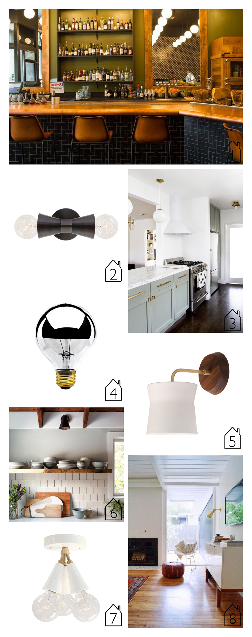 1. Alto light in Oven and Shaker restaurant via Eater 2. Mira light 3. Smitten Studio kitchen with Alto and Lucia light 4. G25 Silver Bulb 5. Wyatt Sconce 6. Tilt Cone sconce 7. Spectra light 8. Tryon sconce via Grey and Scout 