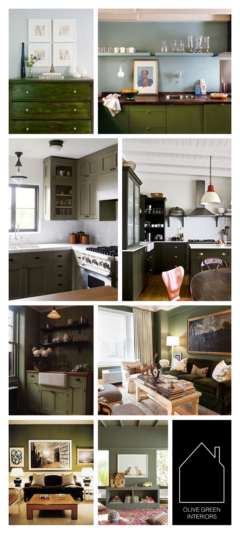 from top left - home of Sisse Jonassen via Design*Sponge - olive green and light blue kitchen via The Kitchn - home of Glenn Lawson design by DISC interiors via REMODELISTA - design by Gregory Mellor - design by Fairfax and Simmons Architecture - via Savvy Home - via Apartment Therapy - via The Animal Print Shop