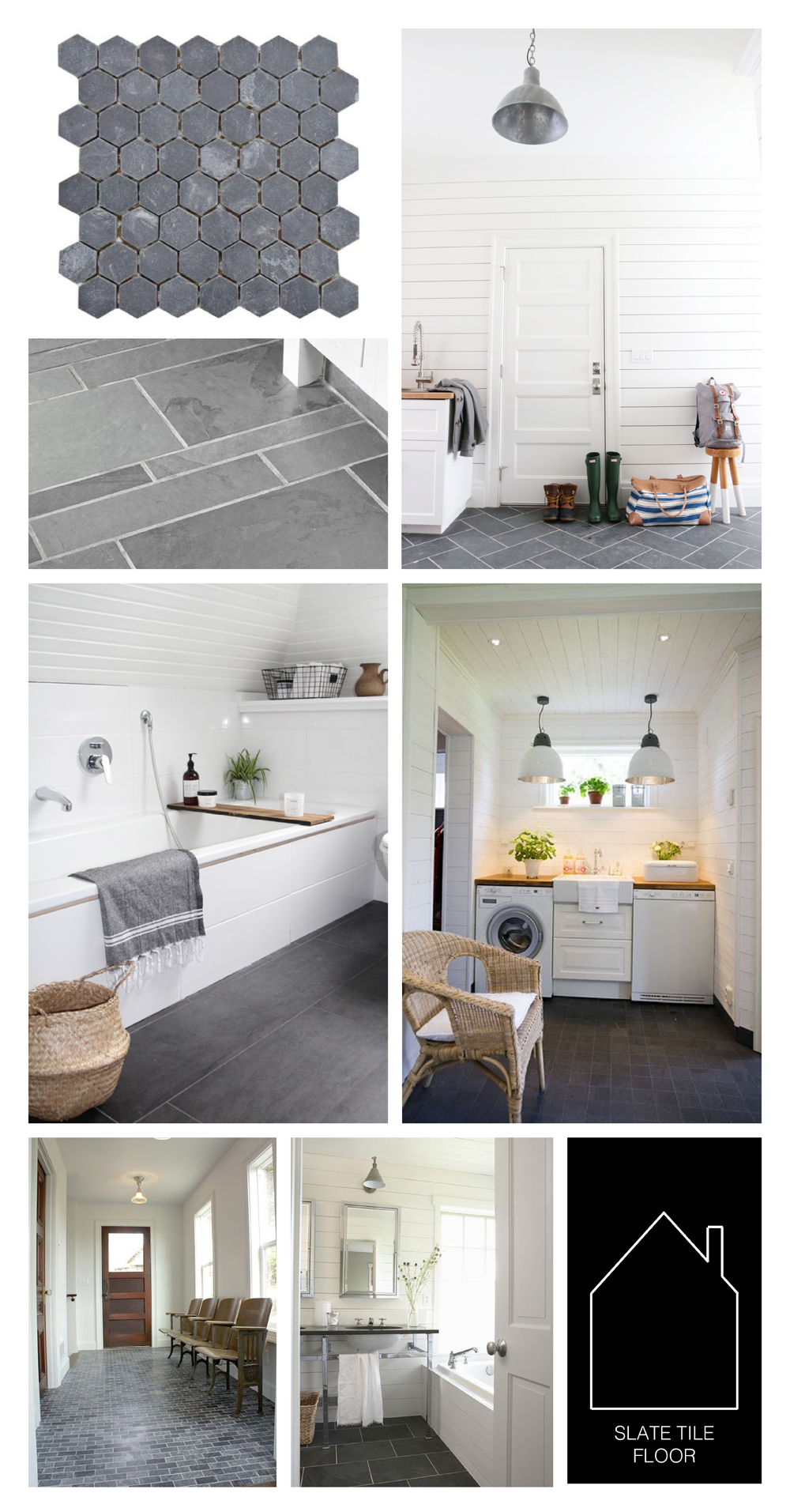 from top left - slate mosaic via Home Depot - herringbone pattern via STUDIO MCGEE - striped pattern via This Old House - bathroom via Design Dot - laundry room source unknown - small brick pattern via Chic Design Investments - bathroom via Centsational Girl