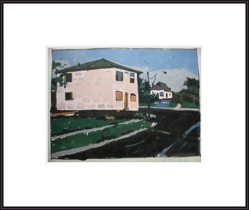 Pink House to Move - original urban landscape painting on paper - Harry Stooshinoff