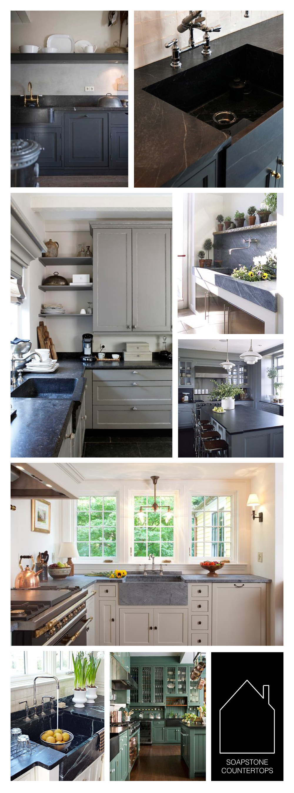 from top left - via Apartment Therapy - design by MADE LLC. via REMODELISTA - gray kitchen source unknown - BHG showcase house potting sink via BHG - dark gray kitchen via Essence Design Studio - design by Frank Shirley Architects - via BHG - source unknown