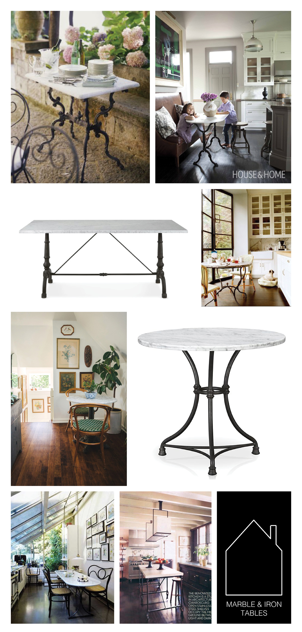 from top left - source unknown - design by Nam Dang Mitchell via House & Home - La Coupole Iron Bistro Table with Marble Top by Williams-Sonoma Home - design by Nate Berkus via The Kitchn - via Homestead Seattle - French Kitchen Bistro Table by Crate & Barrel - via Desire To Inspire - source unknown