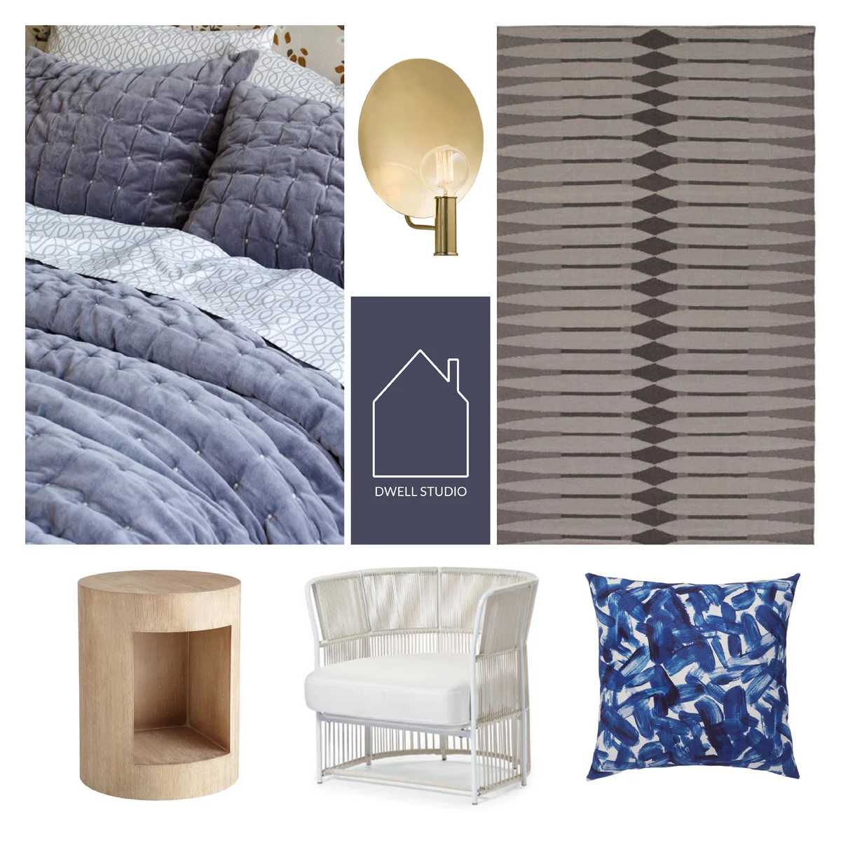 from top left - mercer smoke quilt - conall sconce - anders smoke flatweave area rug - suno side table - trinidad arm chair - brushstroke indigo pillow