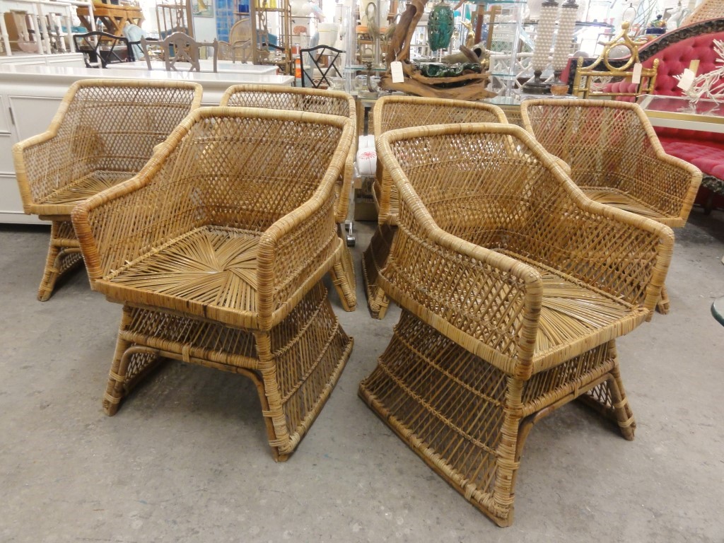 Set of 6 Vintage Island Style Rattan Chairs via Palm Beach Regency