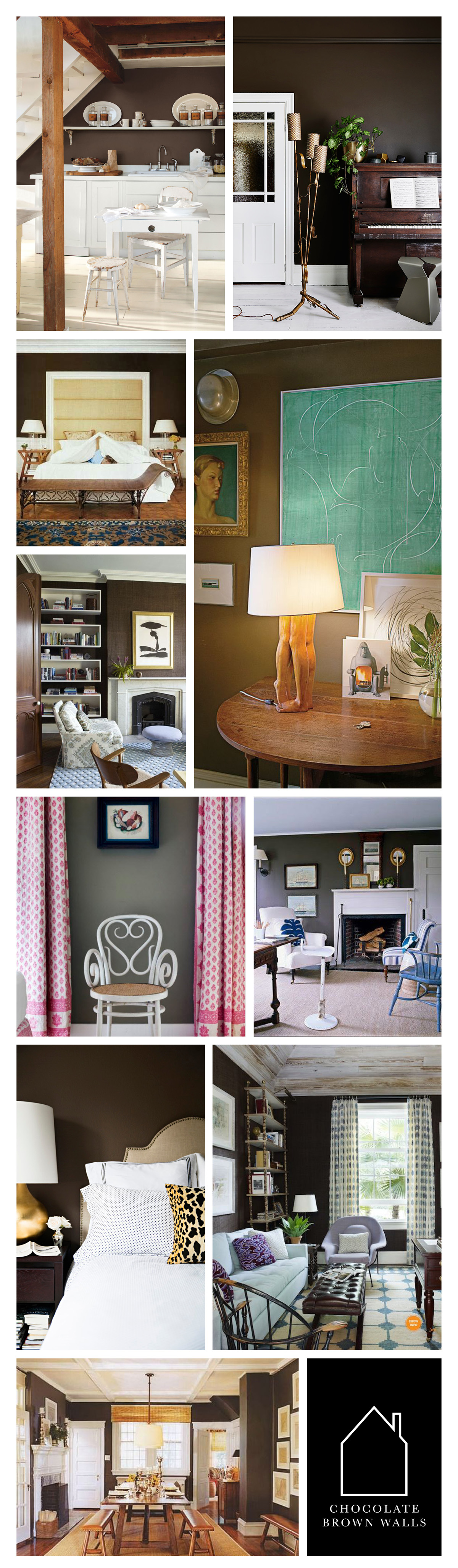 from top left - via Country Living - via The Design Chaser - bedroom designed by Tom Scheerer - entry in home of Tom Scheerer - living room designed by Tom Scheerer - chair with pink curtains in room designed by Tom Scheerer - hearth room designed by Tom Scheerer - home of Paloma Contreras via La Dolce Vita - office designed by Tom Scheerer - dining room designed by Tom Scheerer
