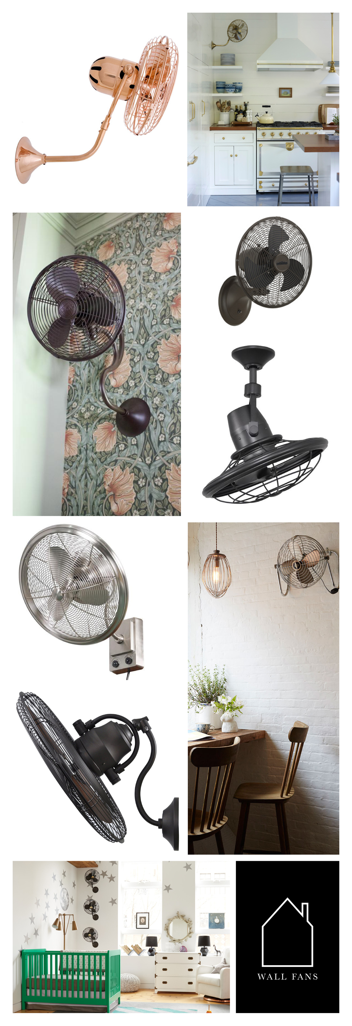 from top left - Michelle Parede fan by Matthews Fan Company via All Modern - Michelle Parede fan in brushed brass by Matthews Fan Company via Lacquered Life - Melody fan by Matthews Fan Company via HGTV - Fanimation fan via Lowe's - Home Decorator's Bentley II fan via Home Depot - Home Decorator's Bentley II fan via Home Depot - via Lonny - Harbor Breeze fan via Lowe's - Land of Nod nursery